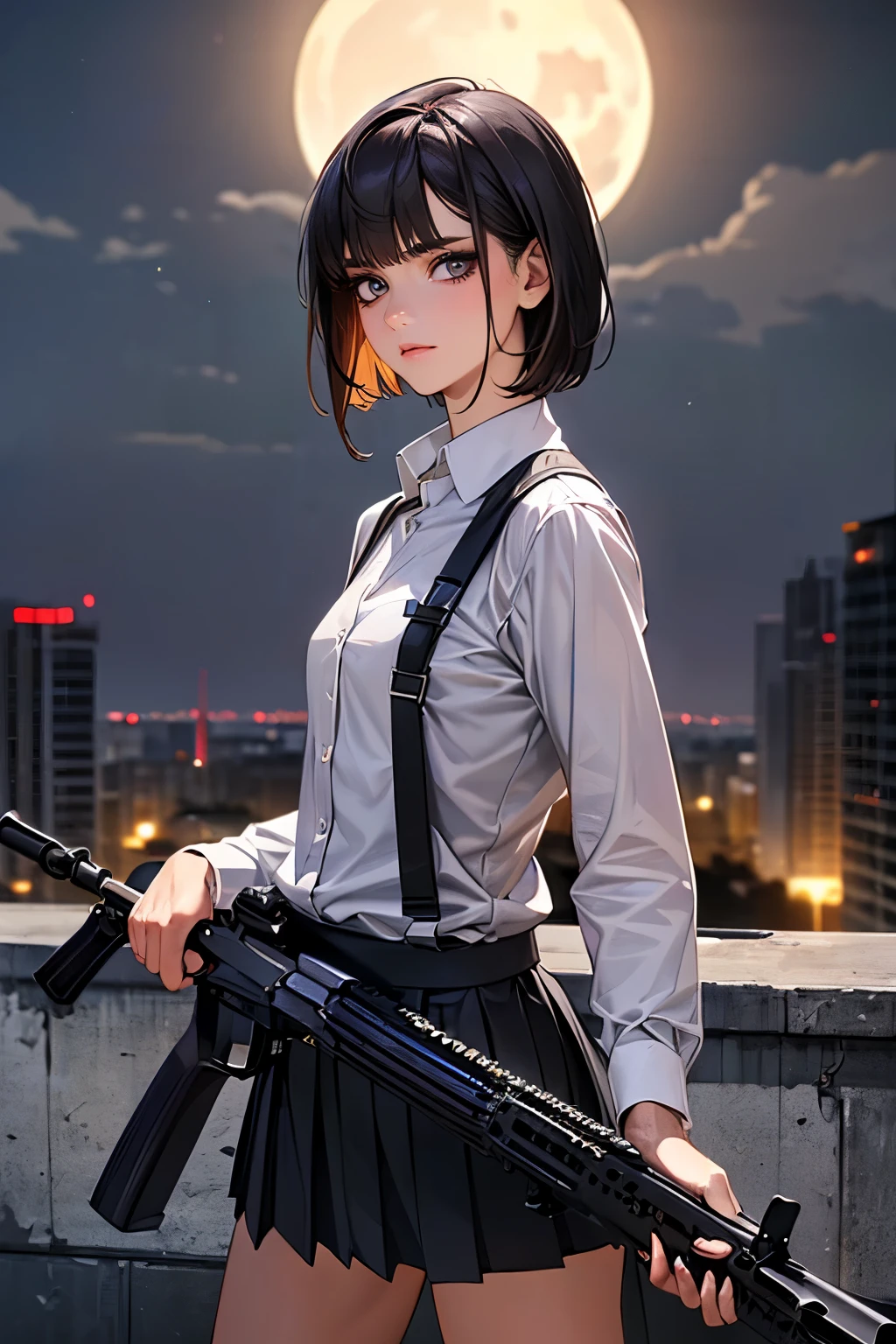 (((Woman firing an automatic rifle:1.5、excluding sight,A detailed depiction of an automatic rifle:1.7))),Synchronize your gaze and body direction、(((perfect anatomy:1.4,realistic:1.4,RAW Photography:1.4,masterpiece、highest quality、Ultra - High resolution、High resolution、Highly detailed CG、8K))),cowboy shot,1 female,solo、18 year old beauty,Japanese,((beautiful detailed face and eyes:1.3,big gorgeous eyes:1.3,gray eyes)),black hair,short bob hair,blunt bangs,Serious expression,(medium breasts,slender body,small head:1.3,skinny),(gleaming skin:1.4,oily skin,shiny skin),(Female Soldier、White collared shirt、Pleated black tanding,Shooting stance,High-rise building rooftop、at night、moonlight,