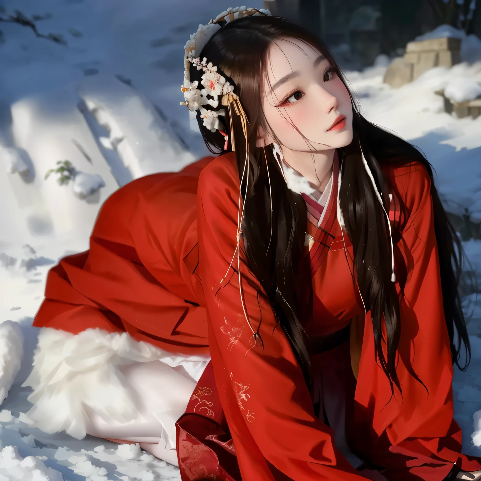 araffe woman in red dress laying in snow with snow on her face, hanfu, inspired by Zhang Yan, palace , a girl in hanfu, inspired by Chen Yifei, wearing ancient chinese clothes, inspired by Lü Ji, white hanfu, inspired by Tang Yifen, chinese girl, pale snow white skin, chinese woman