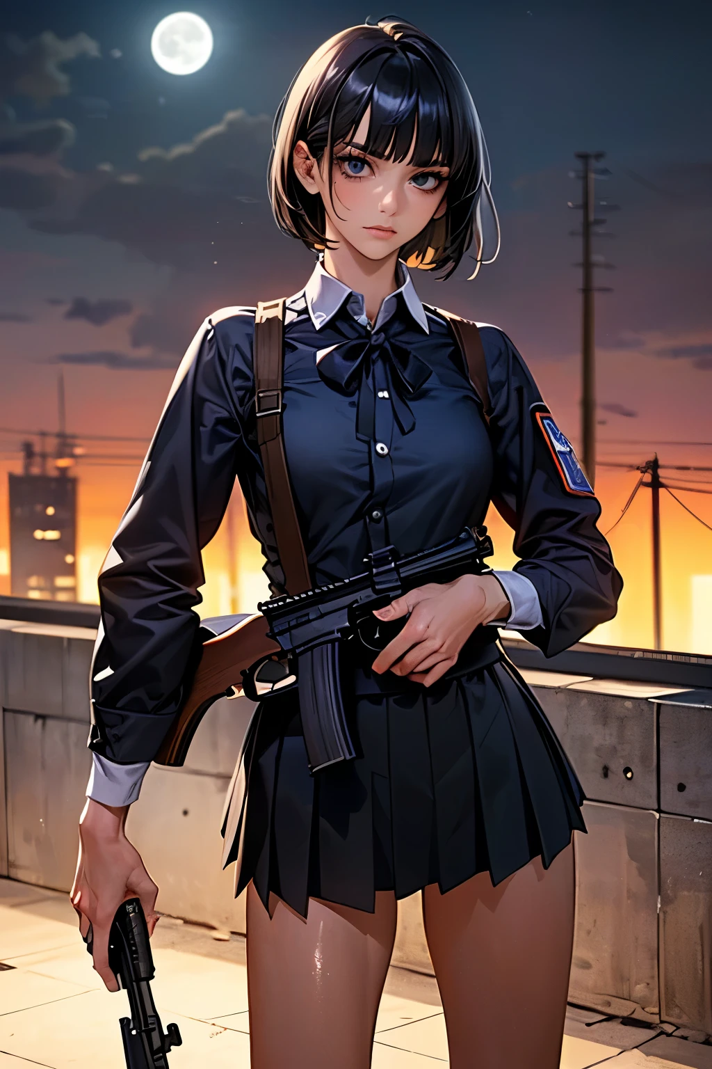 (((Woman firing an automatic rifle:1.5、excluding sight,A detailed depiction of an automatic rifle:1.7))),Synchronize your gaze and body direction、(((perfect anatomy:1.4,realistic:1.4,RAW Photography:1.4,masterpiece、highest quality、Ultra - High resolution、High resolution、Highly detailed CG、8K))),cowboy shot,1 female,solo、18 year old beauty,Japanese,((beautiful detailed face and eyes:1.3,big gorgeous eyes:1.3,gray eyes)),black hair,short bob hair,blunt bangs,Serious expression,(medium breasts,slender body,small head:1.3,skinny),(gleaming skin:1.4,oily skin,shiny skin),(Female Soldier、White collared shirt、Pleated black tanding,Shooting stance,High-rise building rooftop、at night、moonlight,