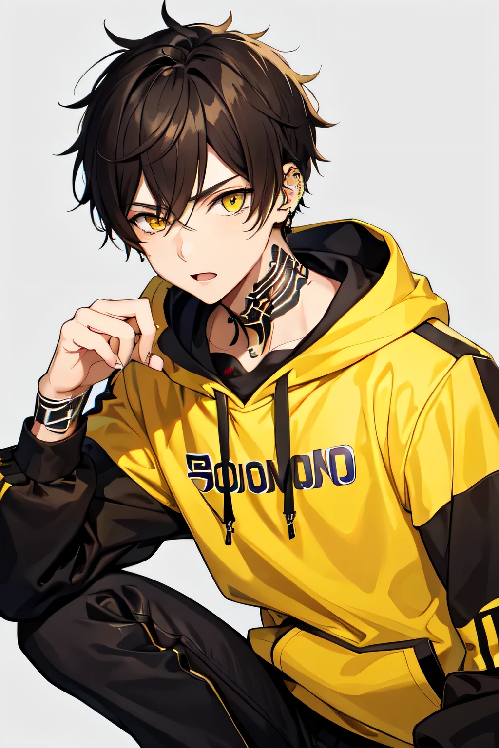 1boy,Borussia Dortmund Football hoodie,yellow eyes,brown hair,Undercut hairstyle,using piercing,tatto in finger hand