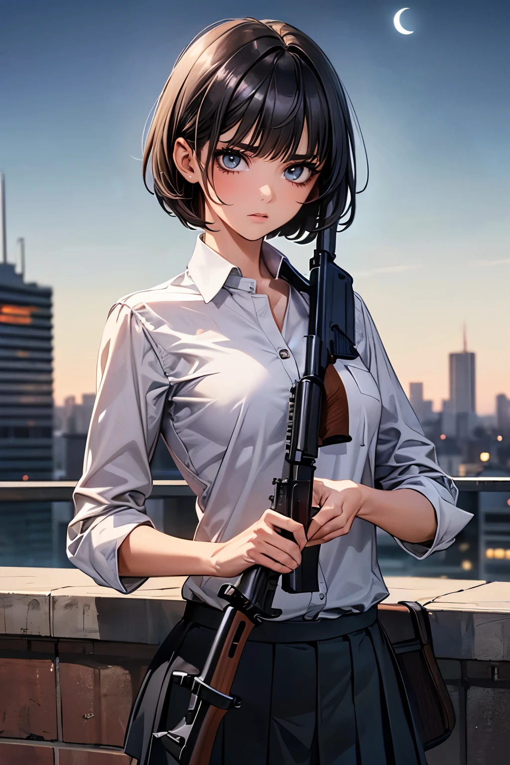 (((Woman firing an automatic rifle:1.5、excluding sight,A detailed depiction of an automatic rifle:1.7))),Synchronize your gaze and body direction、(((perfect anatomy:1.4,realistic:1.4,RAW Photography:1.4,masterpiece、highest quality、Ultra - High resolution、High resolution、Highly detailed CG、8K))),cowboy shot,1 female,solo、18 year old beauty,Japanese,((beautiful detailed face and eyes:1.3,big gorgeous eyes:1.3,gray eyes)),black hair,short bob hair,blunt bangs,Serious expression,(medium breasts,slender body,small head:1.3,skinny),(gleaming skin:1.4,oily skin,shiny skin),(Female Soldier、White collared shirt、Pleated black tanding,Shooting stance,High-rise building rooftop、at night、moonlight,