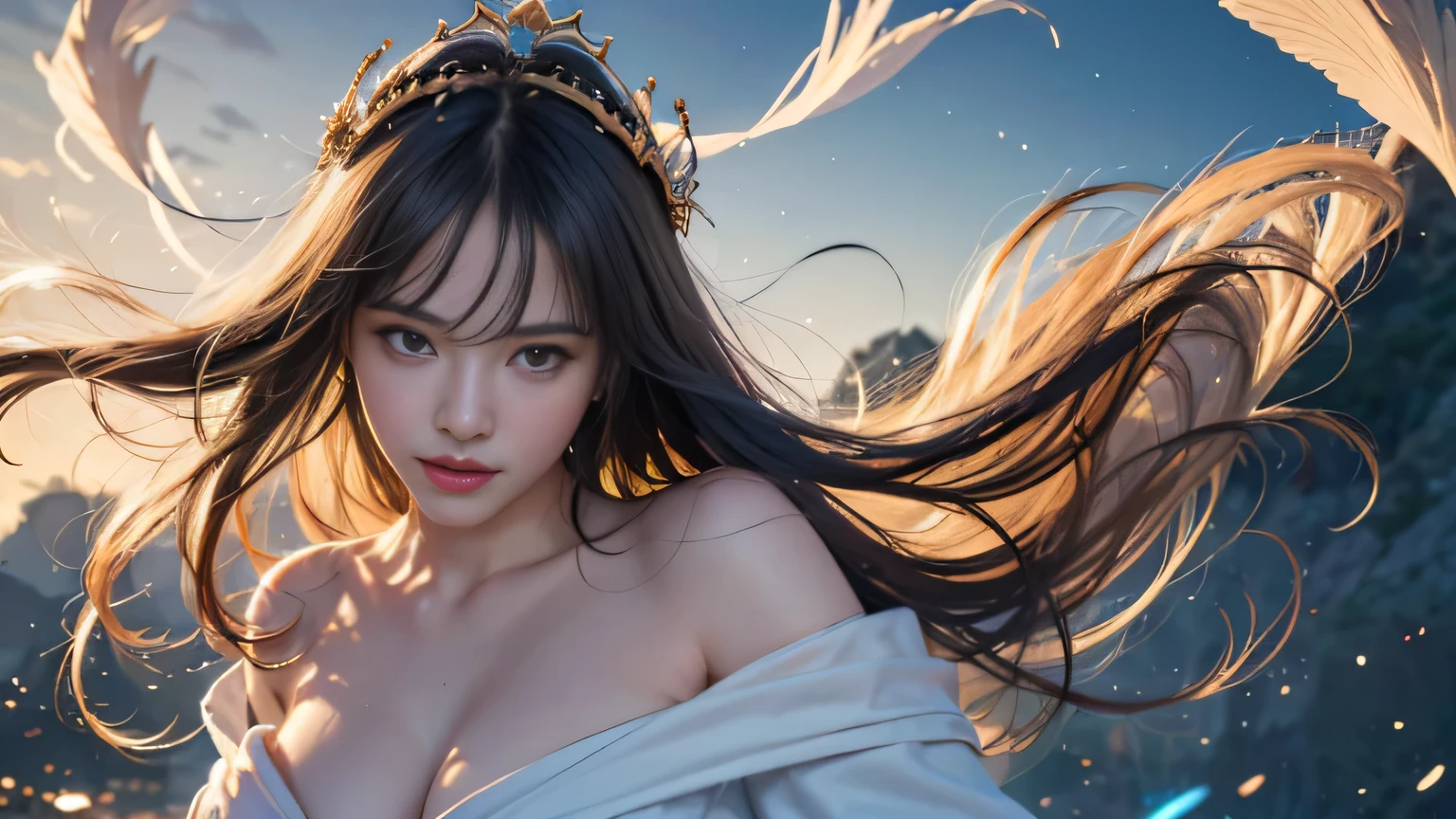 1 girl, ((Alone)), Alone, wearing lava, A queen, Happy, ((The forehead is exposed)), Eternal, the sky background, Long hair details, Exquisite, young, back details, hip is cocked, 32K, Detailed faces, k hd, ((Full body lesbian)), (), The beautiful woman getting married, High quality orientation, The beautiful, Radiant,