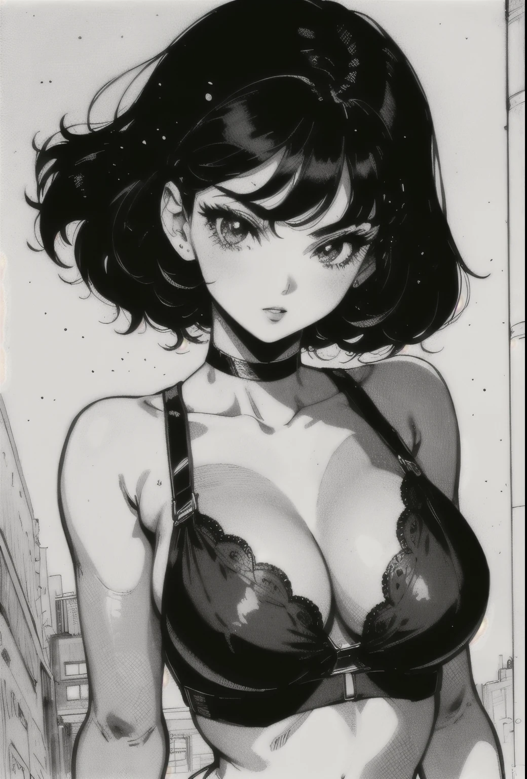 A beautiful girl with short black hair, in bra and pantie, retro anime, black and white