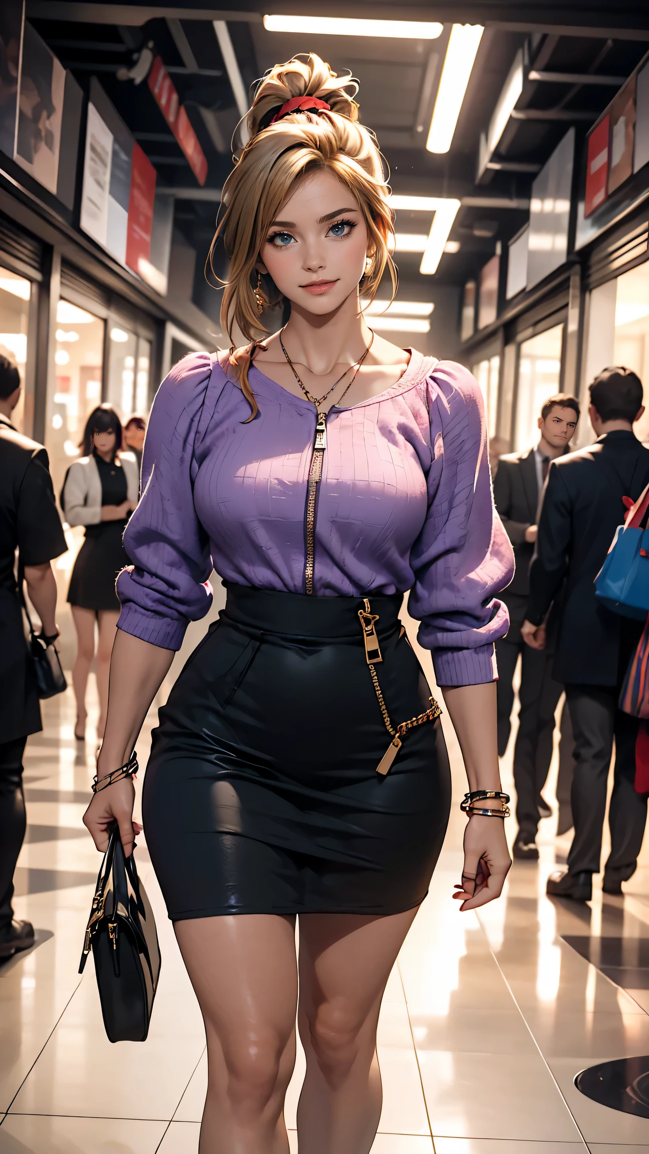((最high quality, 8K, masterpiece: 1.3, Ultra HD, high quality, 最high quality, High resolution, realism)) 、A 22-year-old extremely beautiful white woman、Body shape like a fashion model、Hair color blonde、blue eyeedium Hair、Straight Hair、smile、Background blur((depth of field))、Aerial perspective((atmospheric perspective))、I want my head to stay off screen、Put an anklet on your ankle、Wearing red nail polish、I have a peticure、Fashion model body type、purple inner color((colored inner hair))、Split Ponytail((split ponytail))、Wear a high-neck zipper-up dress、Large chest、Narrow waist、Wear leggings、Wear high heels