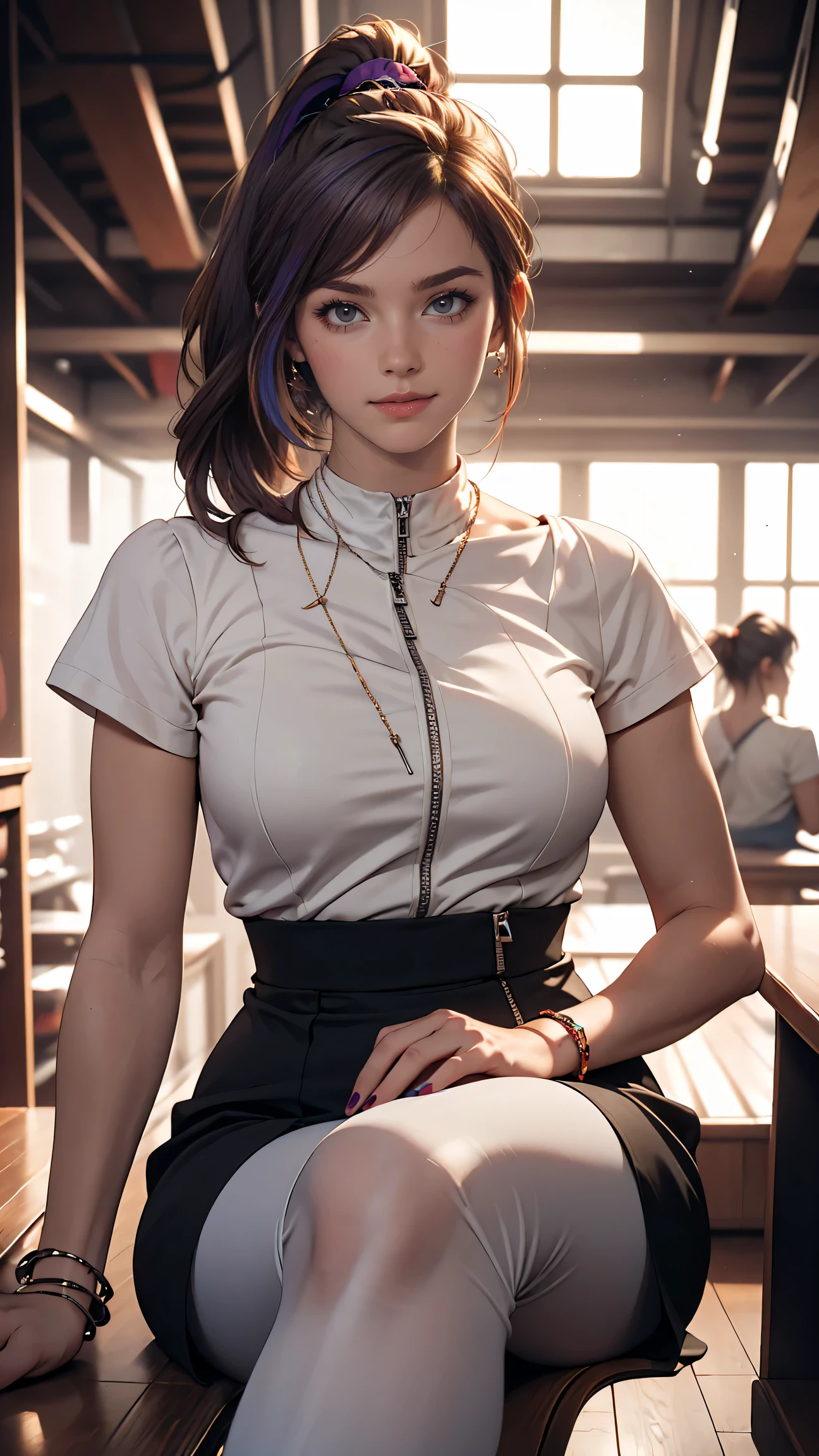 ((最high quality, 8K, masterpiece: 1.3, Ultra HD, high quality, 最high quality, High resolution, realism)) 、A 22-year-old extremely beautiful white woman、Body shape like a fashion model、Hair color blonde、blue eyeedium Hair、Straight Hair、smile、Background blur((depth of field))、Aerial perspective((atmospheric perspective))、I want my head to stay off screen、Put an anklet on your ankle、Wearing red nail polish、I have a peticure、Fashion model body type、purple inner color((colored inner hair))、Split Ponytail((split ponytail))、Wear a high-neck zipper-up dress、Large chest、Narrow waist、Wear leggings、Wear high heels