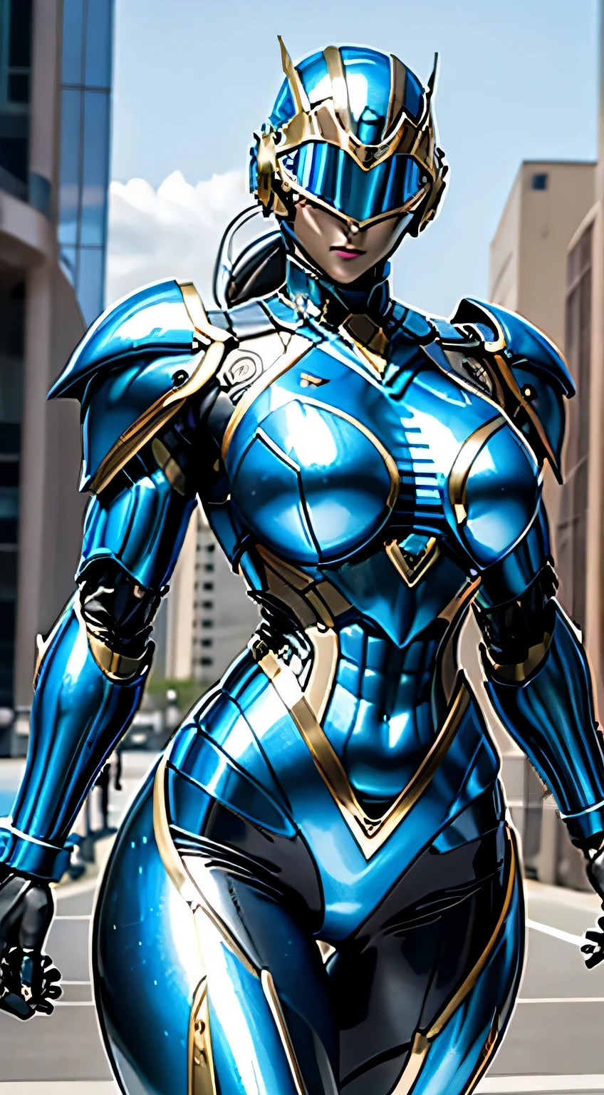 Female Robocop Solo、Bright outdoors、strong light source、8K, high quality, masterpiece, 最high quality、Very detailed、Armor that completely covers the whole body、very large armor、Helmet covering the head、Clear photos、The eyes are hidden by thin, straight goggles:1.3、The lower half of the face is flesh:1.5、Face exposed from nose down:5.0、Luscious lips、Fluorescent blue metallic armor with thin gold lines、Armor that completely covers the chest、Long, slender legs、Vibrant posel body view,Big and ample breasts:1.5, (Sports Body:1.5)、Five Fingers、Photos in the city
