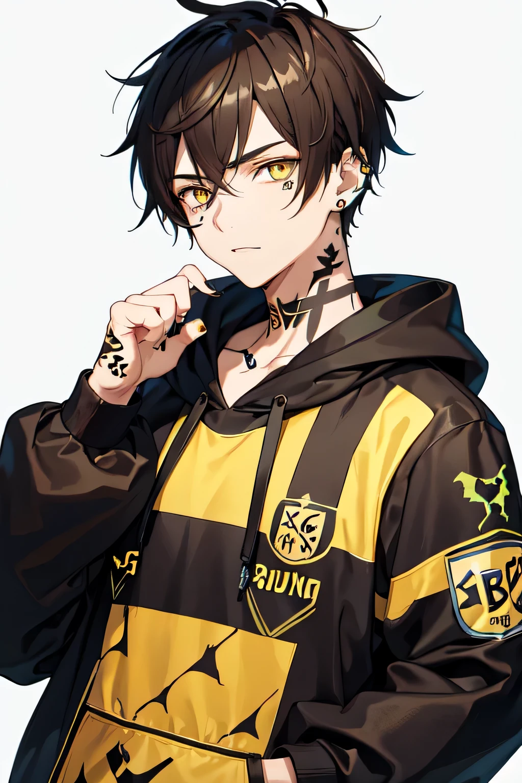 1boy,Borussia Dortmund Football hoodie,yellow eyes,brown hair,Undercut hairstyle,using piercing,tatto in finger hand
