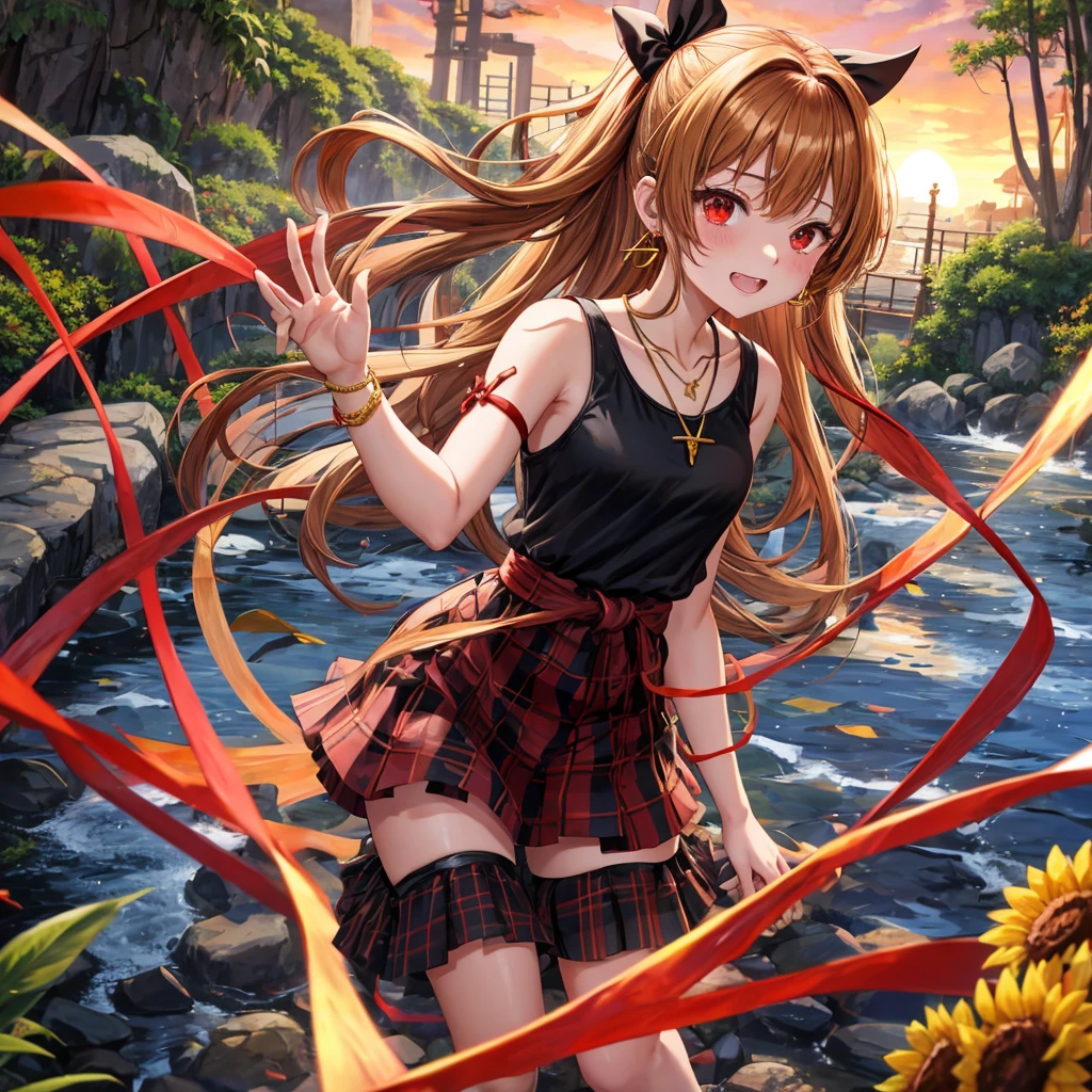 Brown, red, gold, golden hair、Red eyes、One good looking girl、solo、anime、Checkered mini skirt、Black camisole、Black T-shirt、hoodie、Wearing a ribbon、Ribbon on waist、Crystal Earrings、Gemstone Necklace、Light and shadow、Tilting face、Teeth are visible、waterfall、Kuroko、tunnel、pylon、Sunset sky、Towering、frilled lizard、light