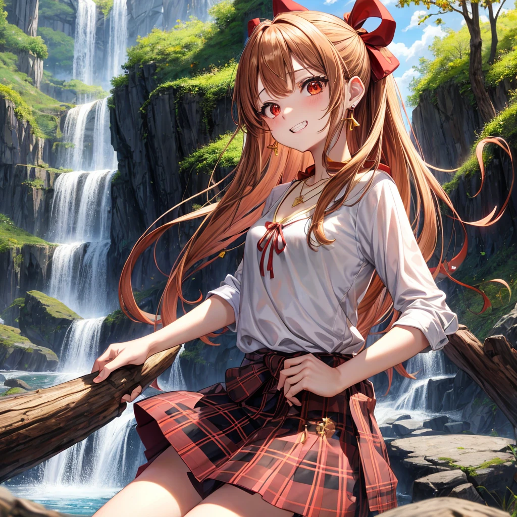 Brown, red, gold, golden hair、Red eyes、One good looking girl、solo、anime、Checkered mini skirt、Black camisole、Black T-shirt、hoodie、Wearing a ribbon、Ribbon on waist、Crystal Earrings、Gemstone Necklace、Light and shadow、Tilting face、Teeth are visible、waterfall、Kuroko、tunnel、pylon、Sunset sky、Towering、frilled lizard、light