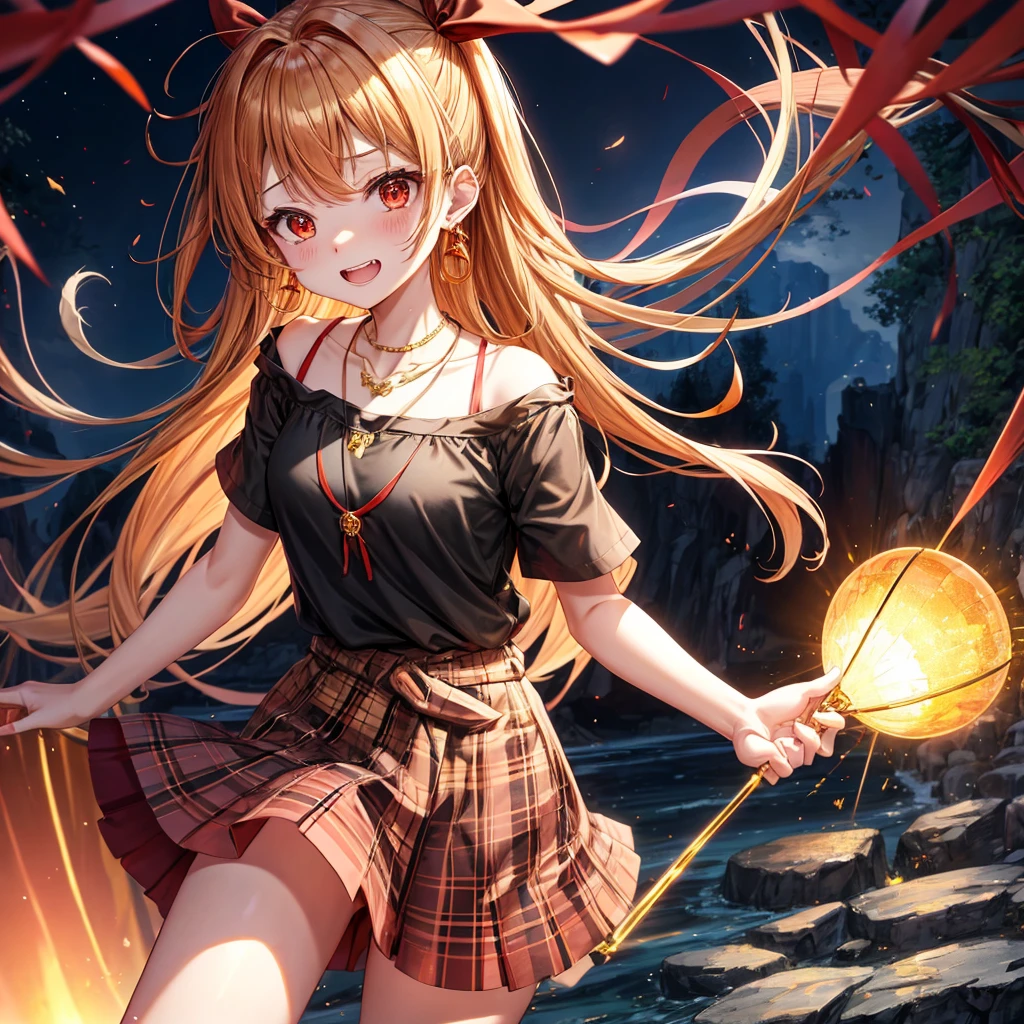 Brown, red, gold, golden hair、Red eyes、One good looking girl、solo、anime、Checkered mini skirt、Black camisole、Black T-shirt、hoodie、Wearing a ribbon、Ribbon on waist、Crystal Earrings、Gemstone Necklace、Light and shadow、Tilting face、Teeth are visible、waterfall、Kuroko、tunnel、pylon、Sunset sky、Towering、frilled lizard、light