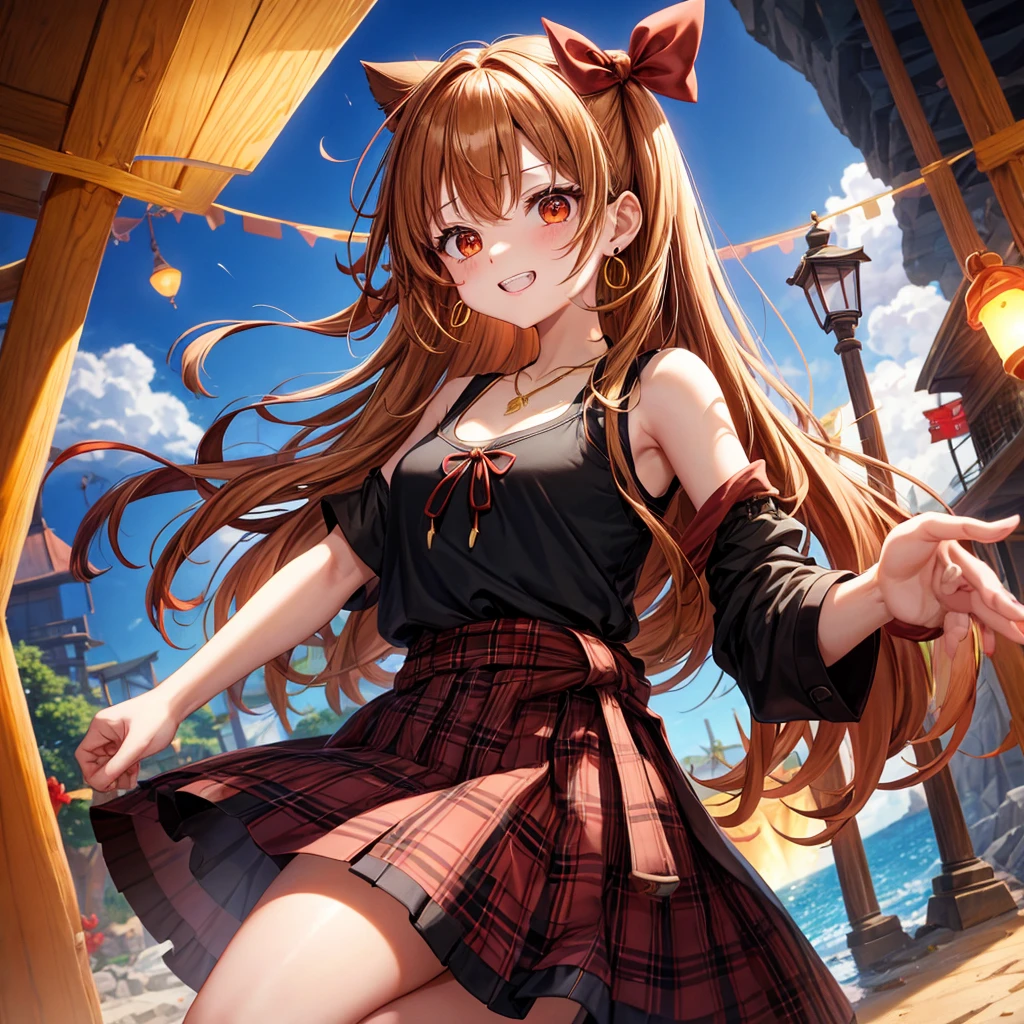 Brown, red, gold, golden hair、Red eyes、One good looking girl、solo、anime、Checkered mini skirt、Black camisole、Black T-shirt、hoodie、Wearing a ribbon、Ribbon on waist、Crystal Earrings、Gemstone Necklace、Light and shadow、Tilting face、Teeth are visible、waterfall、Kuroko、tunnel、pylon、Sunset sky、Towering、frilled lizard、light