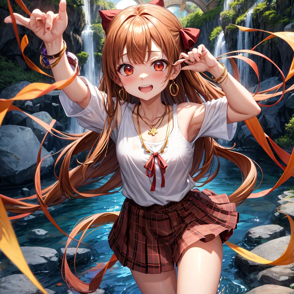 Brown, red, gold, golden hair、Red eyes、One good looking girl、solo、anime、Checkered mini skirt、Black camisole、Black T-shirt、hoodie、Wearing a ribbon、Ribbon on waist、Crystal Earrings、Gemstone Necklace、Light and shadow、Tilting face、Teeth are visible、waterfall、Kuroko、tunnel、pylon、Sunset sky、Towering、frilled lizard、light