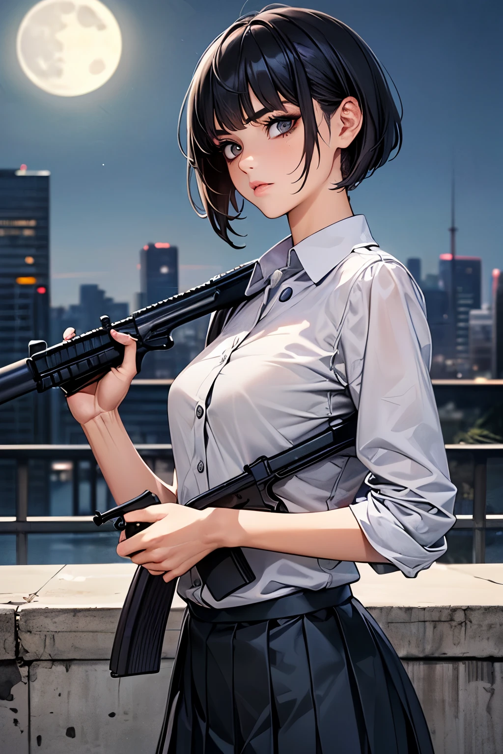 (((Woman firing an automatic rifle:1.5、excluding sight:1.5,A detailed depiction of an automatic rifle:1.7))),Synchronize your gaze and body direction、(((perfect anatomy:1.4,realistic:1.4,RAW Photography:1.4,masterpiece、highest quality、Ultra - High resolution、High resolution、Highly detailed CG、8K))),cowboy shot,1 female,solo、18 year old beauty,Japanese,((beautiful detailed face and eyes:1.3,big gorgeous eyes:1.3,gray eyes)),black hair,short bob hair,blunt bangs,Serious expression,(medium breasts,slender body,small head:1.3,skinny),(gleaming skin:1.4,oily skin,shiny skin),(Female Soldier、White collared shirt、Pleated black tanding,Shooting stance,High-rise building rooftop、at night、moonlight,