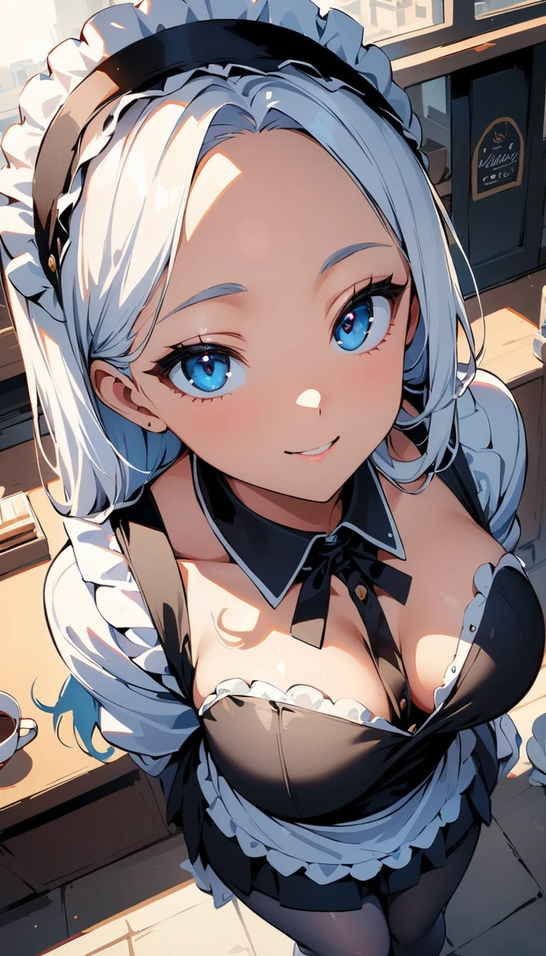 (high quality, 8k, 4K, High Contrast, masterpiece:1.2, 最high quality, Best aesthetics), , Maid, Very detailed, Seductive and erotic girl with lace headdress, smile, (Normal milk, Silver fur), Focus on the face, Focus on the face, Complex eyes, tights, laced tights, coffee shop, Ground angle shot, Viewers looking up, feet in tights, Open-chested clothing