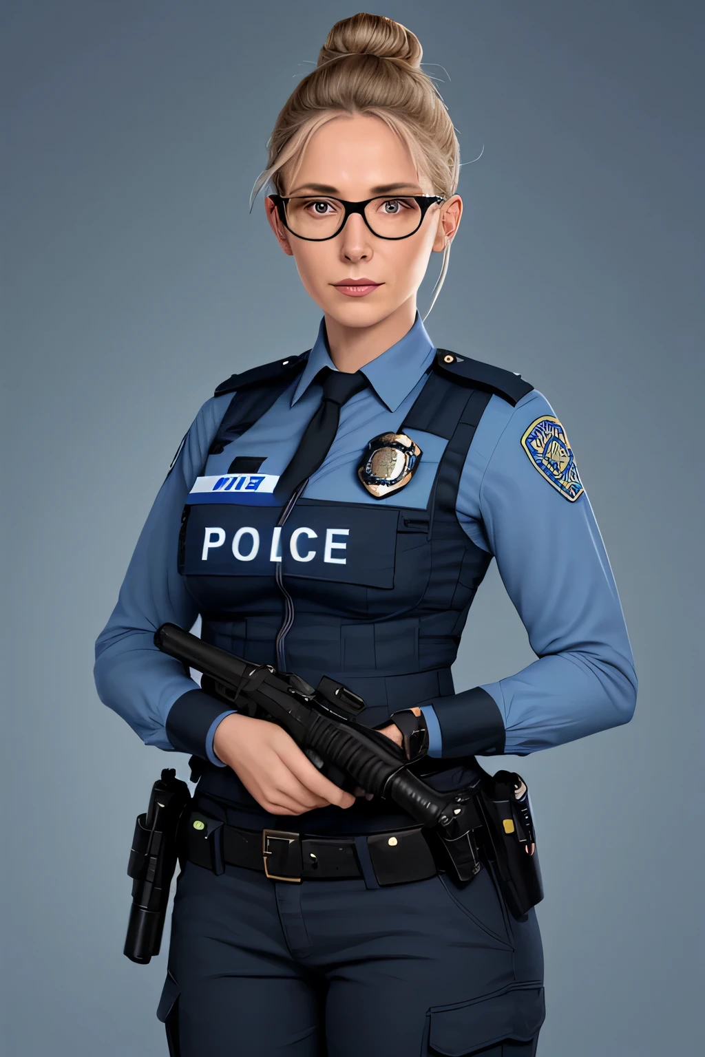 "Policewoman's ID card : Nom - Sarah Johnson. Age – 32 years old. Taille - 1,75 m. Cheveux - Bruns, tied in a bun. Yeux - Bleus. Occupation - Agent de police. Traits distinctifs - Porte des lunettes de soleil et un insigne de police sur son uniforme."