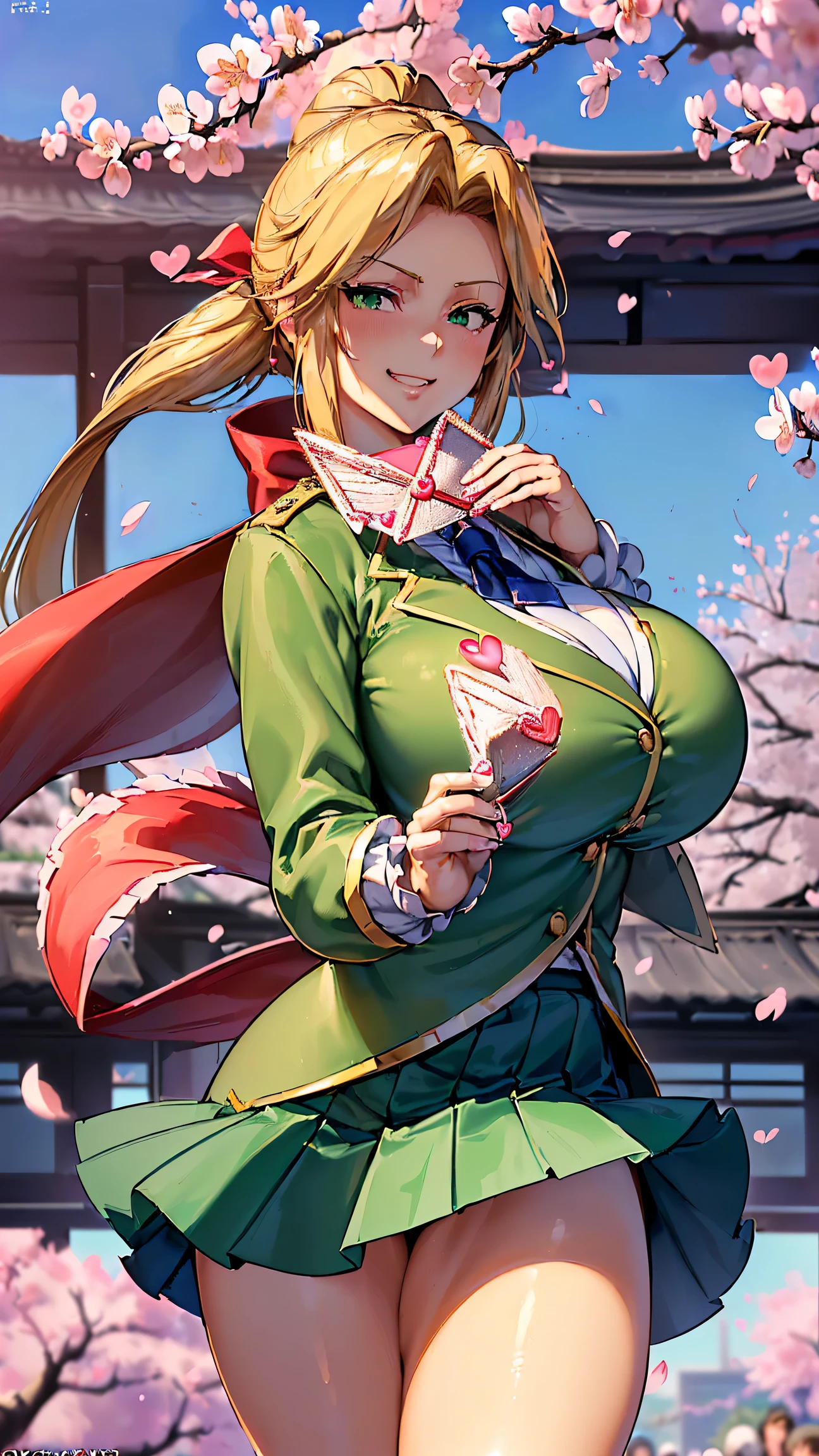 8K(A sloppy smile, the face we are looking for, Mischievous face:1.9)8K((((handing over a love letter:1.9))))((woman,Huge , (Huge breasts:1.5),Are fat,Very red lips and huge breasts,Big Ass,Narrow waist,Long legs,Green Eyes立っている)) 8k((((Anime Style),(The facial expression is good))))8k(((((Anime Style)Green Eyes)))) 8k((Standing at the station))8k((Waiting for a train at the station))8k((Morning))8k((Beauty))((Student blazer green tie, blazer, Pleated skirt))8k(((spring,cherry blossoms,The wind is blowing,Her skirt is flipped up,cherry blossomsが散っている:1.3))) 8K(Close-up of the face:1.5)8K(((((handing over a love letter))))) 8K(((((handing over a love letter)))))8K(handing over a love letter)8K(A clear depiction of handing over a love letter:1.5)8k(The depiction of the woman's hands is excellent.)