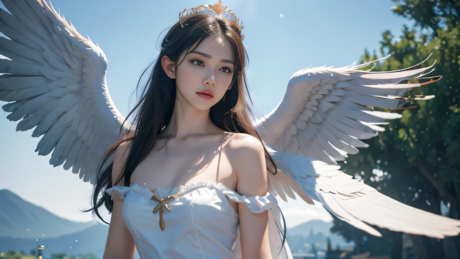 Black Hair, Hair shaking, victory, Long eyelashes, Solid round eye, A faint smile, ears red, direction, Surrealism, shadow, Relief, Stereogram, Standing picture, View, Atmospheric perspective, 8k, Super Detail, precise, best quality.masterpiece, best quality, (Extremely detailed CG Unity 8K wallpaper), (best quality), (Best Illustration), (The best shadow), absurd, Realistic lighting, (abyss), Beautiful and delicate light, Peter Moore (Peter Mohr Bacher) Artworks,(White Wings 1.3)。An angel girl,Flying to the clouds,Baiyun,Baiyun,Blue sky。Blue sky。Blue sky。(White papal robe1.3),(Golden Wings 1.3),Wearing a crown on his head,