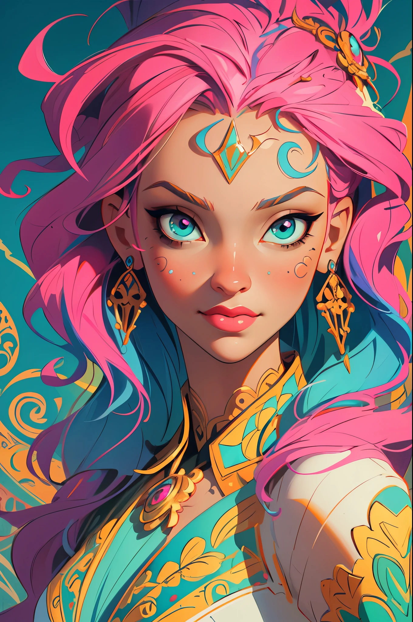 Symmetry, Finely Detailed Elaborate Ornate Alien Queen Goddess with Elaborately Detailed Colorful Eyes; by Lisa Frank, jeff koons, Orange and Pink, and Yellow and Teal, pretty face, intricate, elegant, highly detailed, digital painting, art station, concept art, smooth, sharp focus, illustration, art by art germ and greg rutkowski and alphonse mucha, 8k