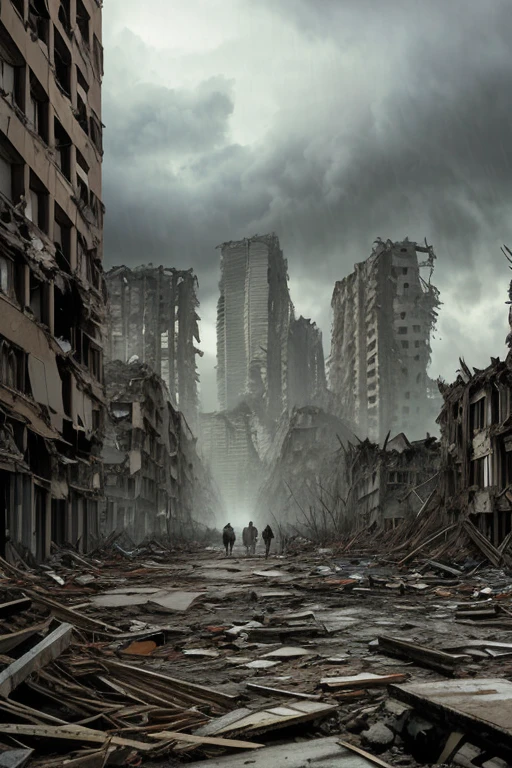 Amidst the ruins of a once vibrant city, the aftermath of an earthquake and Tsunami is depicted in hauntingly beautiful detail. The collapsed buildings, coated in a thin layer of dust and debris, showcase the raw power of nature. (Realism: 1.5)
The scene is captured in the highest quality, each pixel meticulously crafted to bring out the intricacies of the devastation. The water, now calm and still, reflects the shattered remnants of the city in ultra high resolution. (Masterpiece, best quality)
Two figures can be seen in the distance, silhouetted against the ominous, stormy sky.