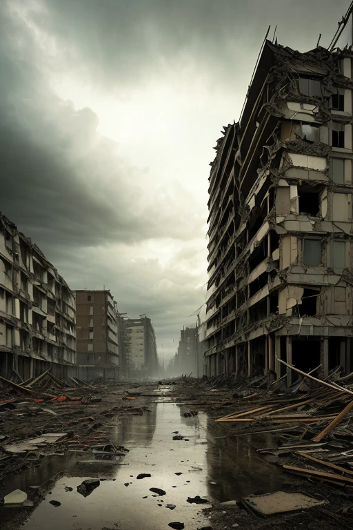 Amidst the ruins of a once vibrant city, the aftermath of an earthquake and Tsunami is depicted in hauntingly beautiful detail. The collapsed buildings, coated in a thin layer of dust and debris, showcase the raw power of nature. (Realism: 1.5)
The scene is captured in the highest quality, each pixel meticulously crafted to bring out the intricacies of the devastation. The water, now calm and still, reflects the shattered remnants of the city in ultra high resolution. (Masterpiece, best quality)
Two figures can be seen in the distance, silhouetted against the ominous, stormy sky.
