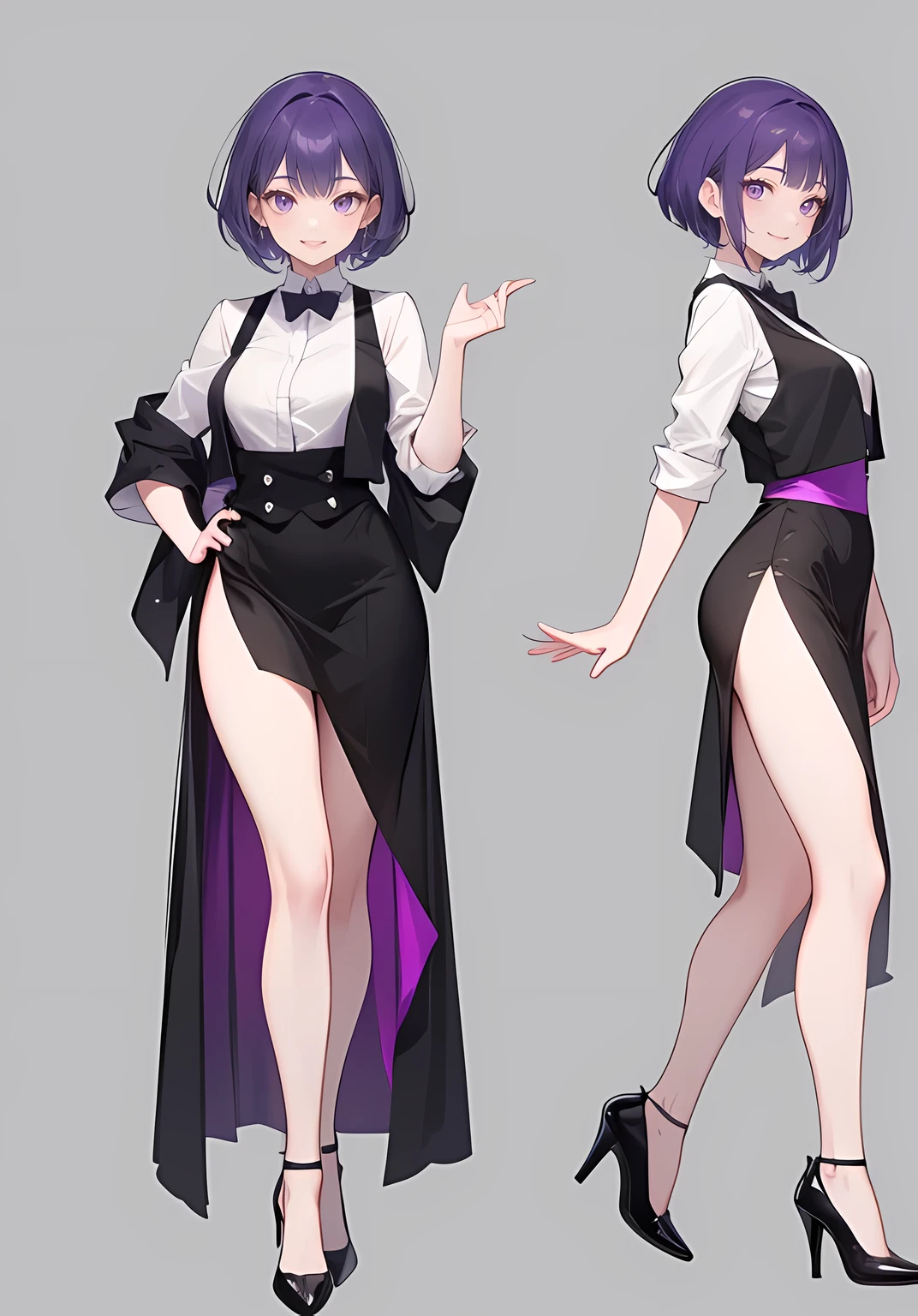 ((Perfect Face)),Purple Hair,Short Hair,1 female,bartender,,Black vest,skirt,slit,High heels,((Simple light color background)),((smile)),((Full Body)),((full body)),Character portrait,Character sheet,upright,tall