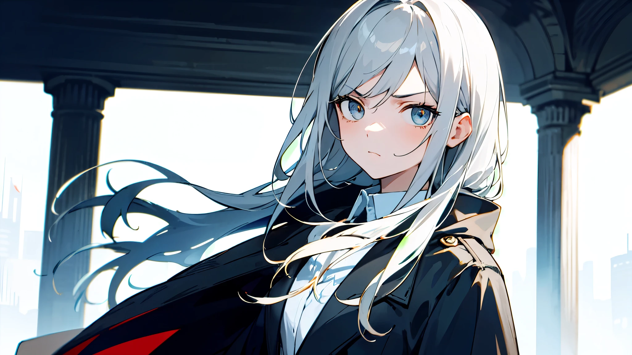 (masterpiece, best quality) medium shot, detailed, 1girl, overcoat, dead eyes, dark circles, cold, serious, elegant background, indirect light