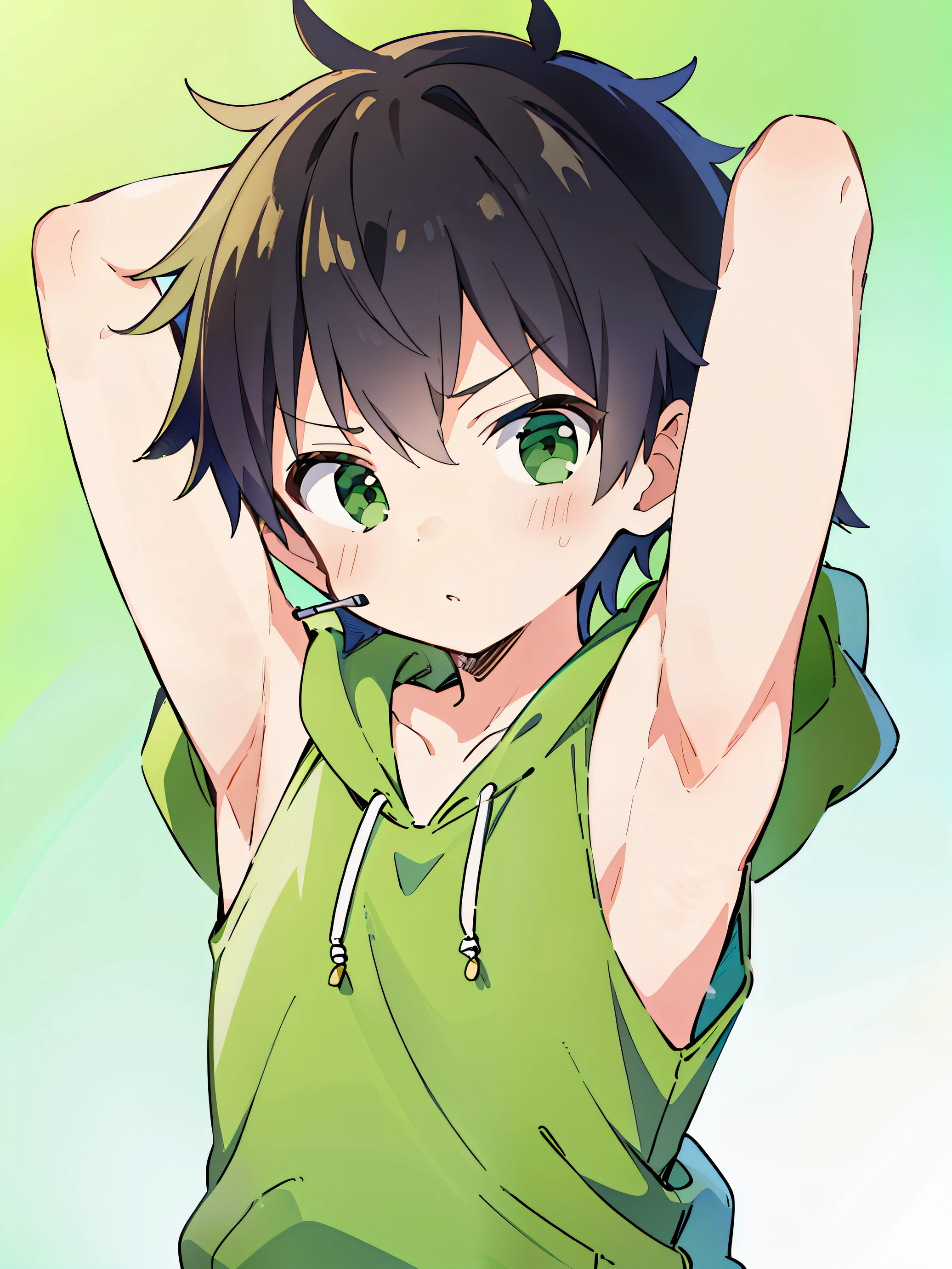 Highres, Masterpiece, Best quality at best,Best Quality,hight quality, hight detailed, 1boy, Shota, Green hoodie, Wearing headset, Sleeveless hoodie, (Small cute armpit), (very young boy), (very small and short body), ***************s, (Showing armpit:1.3), Simple beckground, Little sweat