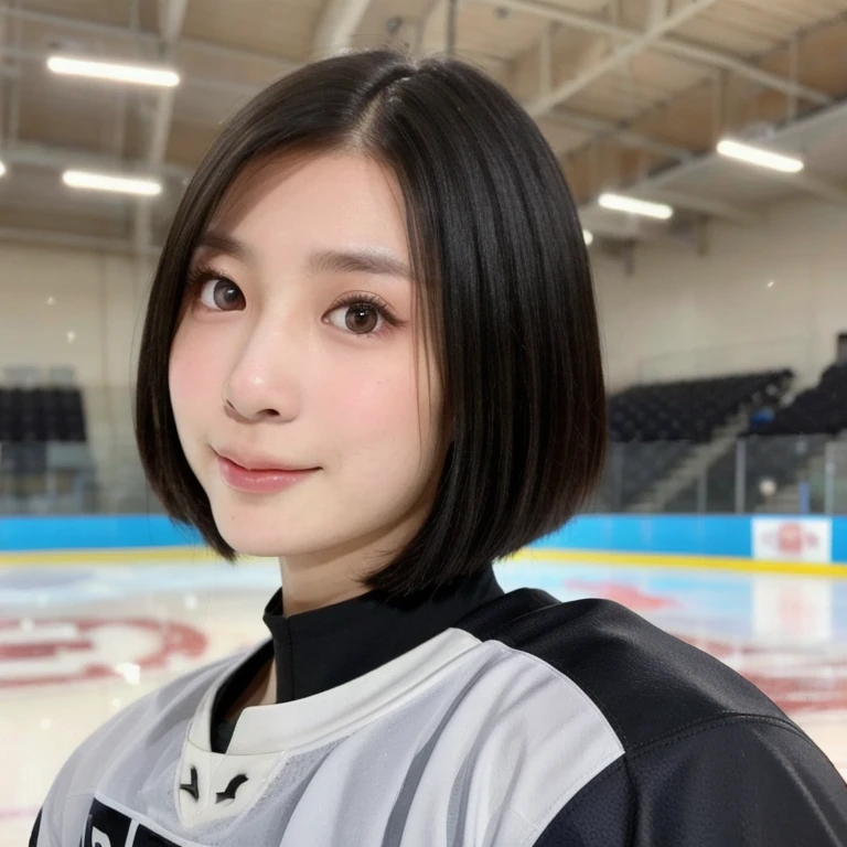 (kawaii 24year-old Japanese girl, Nogizaka idol, Korean idol), female ice hockey player, (glossy black hair, very short hair:1.3), (rounded face, black eyes, single eyelid, no makeup, soft smiling:1.2), (wearing long sleeved ice hockey jersey:1.3), (flat chest, extra small breasts:0.8), (looking at viewer:1.2), BREAK, (ice skate arena background:1.3), (view from forward, close shot:1.3), BREAK, (masterpiece, best quality, photo realistic, official art:1.4), (UHD, 8K quality wallpaper, high resolution, raw photo, golden ratio:1.3), (shiny skin), professional lighting, physically based rendering, award winning, (perfect anatomy, highly detailed skin, extremely detailed face and eyes:1.2), Carl Zeiss 85 mm F/1.4, depth of field, 1girl, solo, nhl, national hockey league,