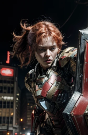 (Masterpiece, Best Quality, photorealestic:1.4), , (UHD, 8k wallpaper, High Resolution), japanese girl as a cyborg war mechine in a cyborg military armor (take a shield on her forearm:1.4), dusty bodywork, messy red hair, beautiful face, very tight musculature, dynamic pose, sharp expression. Against the backgroind of a ruined New York City, dressed in red black cyborg military armor is like ironman armor, Oppressive atmosphere, postapocalypse, photon mapping
