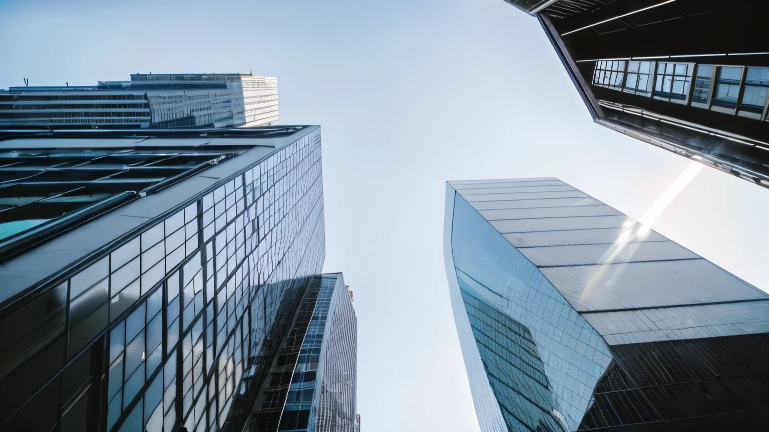 all office building, Viewed from below, Clear sky, Glass exterior, Urban landscape, Modern architecture, Sunlight reflecting off the glass, Perspective looking up, Steel beams visible,