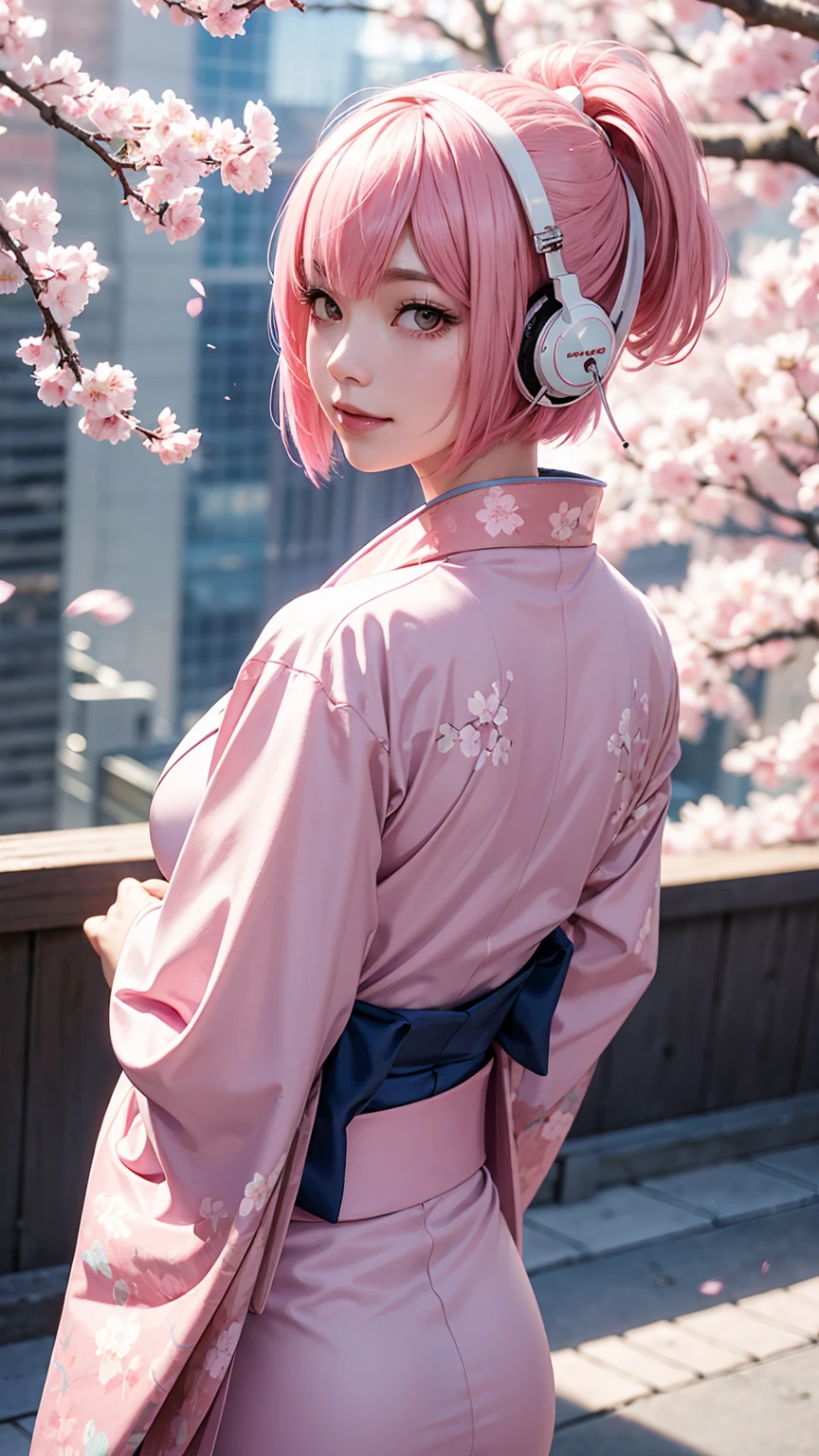 master piece, City Pop style, Pink Hair, fluffy bob cut, wearing headphones, shoulder length, alone, Futuristic, yet, lofi, retro, vintage, Ghost, light smile, cherry blossoms, ((kimono)), (( back shot )),