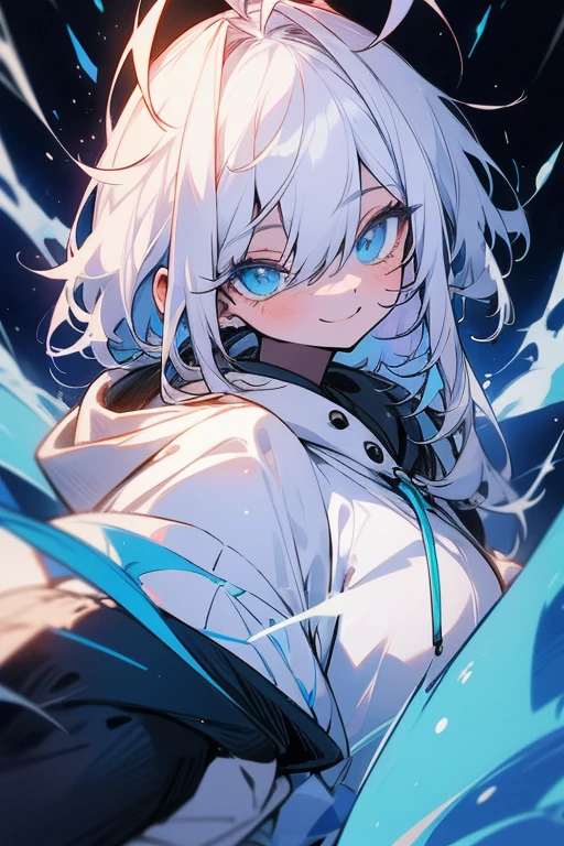 versized clothes, hoodie, bright skin, best detailed girl, huge ahoge, Best Quality, Illustration,miscievous smile,Anime Moe Art Style,White Hair,Blue eye