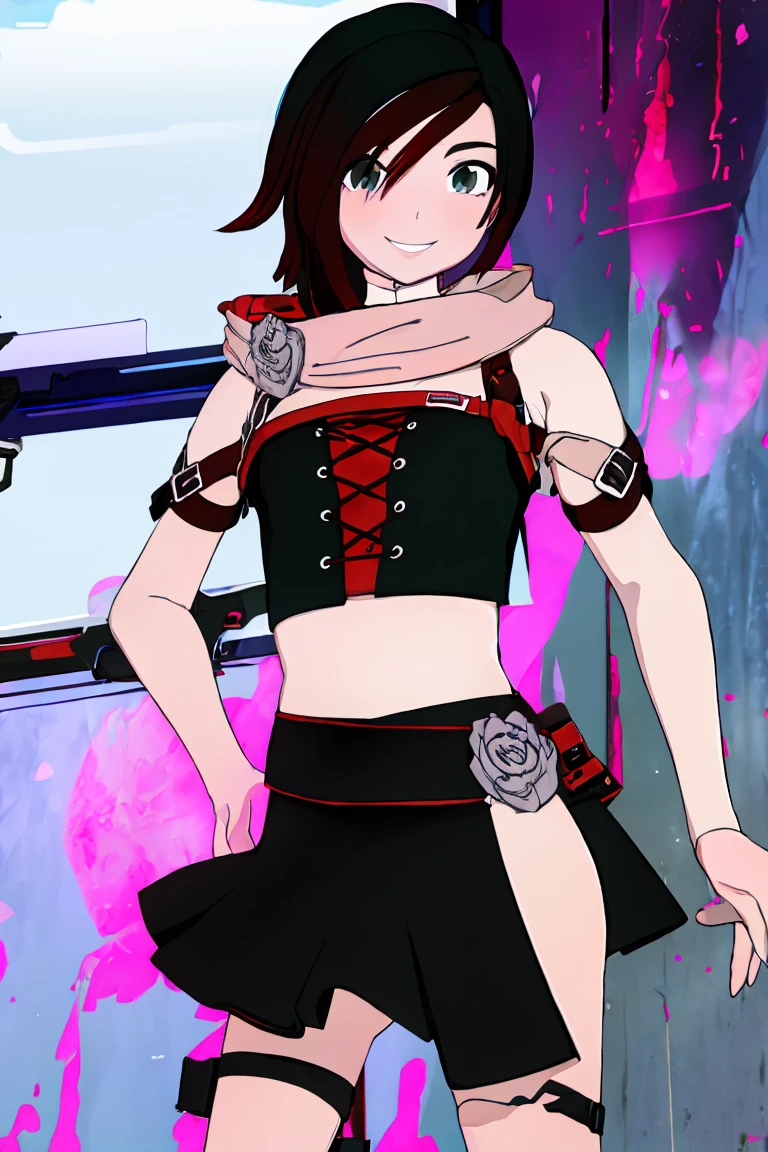 ((masterpiece,best quality)),  absurdres,
denim shorts, white crop top,
Ruby_RWBY,
solo, smiling, looking at viewer, cowboy shot,