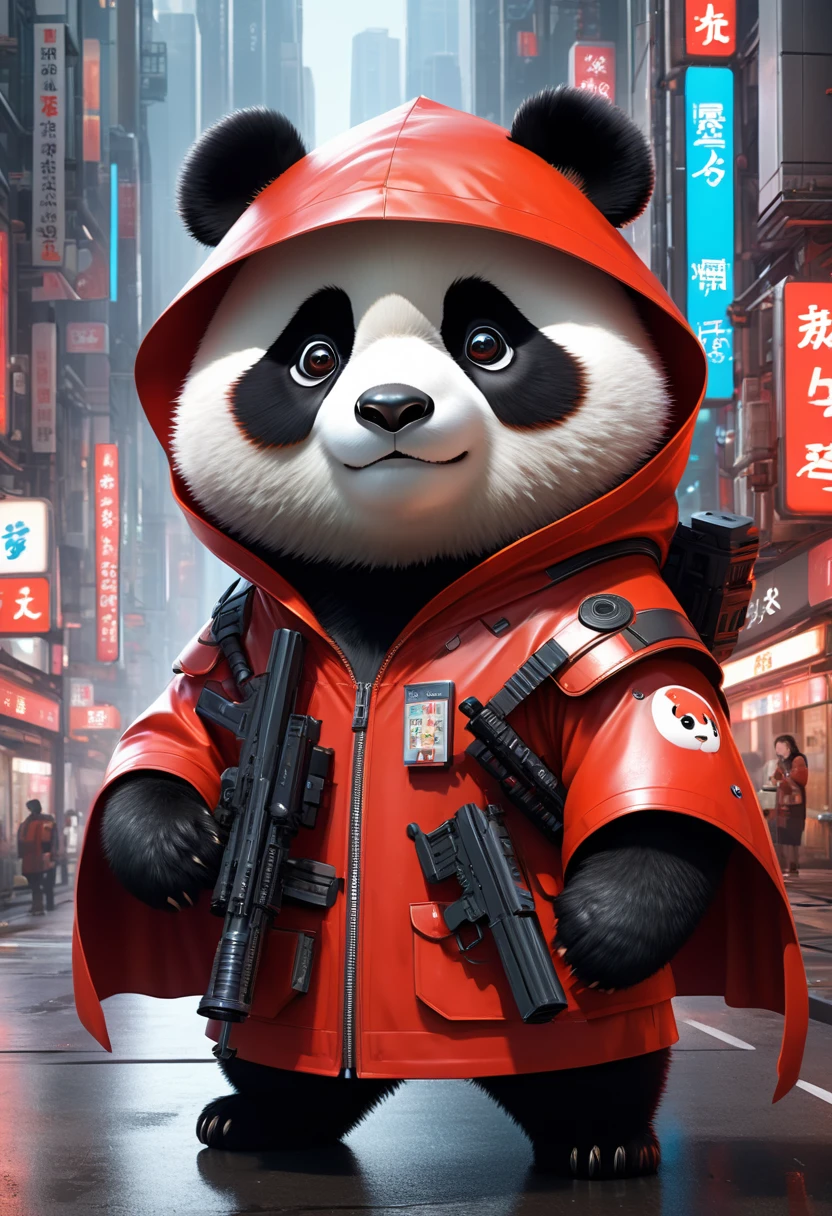 A panda with a rifle、Panda in a red cape, Cyberpunk dystopian style, Charming characters, Huang Shilin, Full of energy and action, Randomly dispersed, White and orange, Flick, 超现实主义氛围style, Michael Cormack, Urban intervention, Code-based creation, Intense close-up, instant transfer, Featured animals, Charming characters, kawaii chic style, 32K Ultra HD, air brush art, detailed微缩模型, dark, Miki Asai&#39;style, 32K Ultra HD, dark beige and red, kawaii art style, Photorealistic rendering, 32K Ultra HD, detailed, Charming illustrations, Player Core，(best quality,4K,8k,high resolution,masterpiece:1.2),Super detailed,(Practical,Realistically,Realistically:1.37),