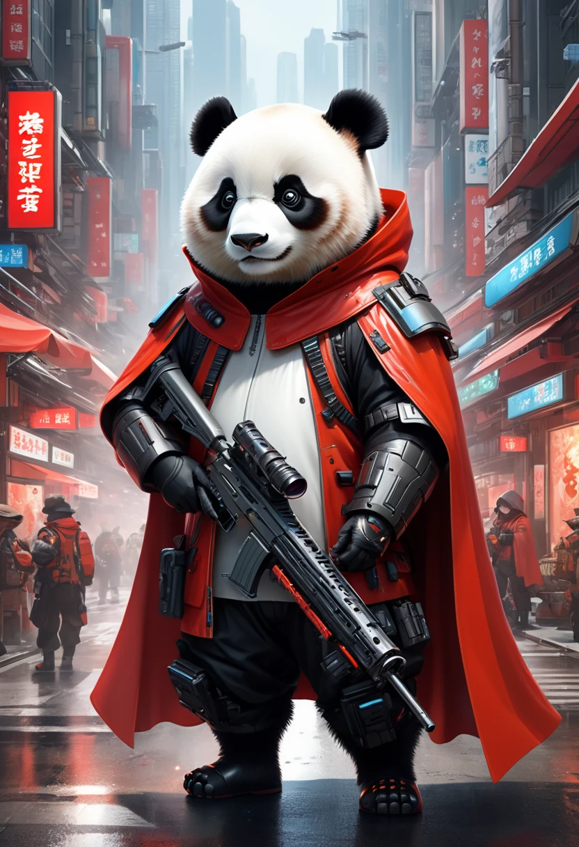 A panda with a rifle、Panda in a red cape, Cyberpunk dystopian style, Charming characters, Huang Shilin, Full of energy and action, Randomly dispersed, White and orange, Flick, 超现实主义氛围style, Michael Cormack, Urban intervention, Code-based creation, Intense close-up, instant transfer, Featured animals, Charming characters, kawaii chic style, 32K Ultra HD, air brush art, detailed微缩模型, dark, Miki Asai&#39;style, 32K Ultra HD, dark beige and red, kawaii art style, Photorealistic rendering, 32K Ultra HD, detailed, Charming illustrations, Player Core，(best quality,4K,8k,high resolution,masterpiece:1.2),Super detailed,(Practical,Realistically,Realistically:1.37),