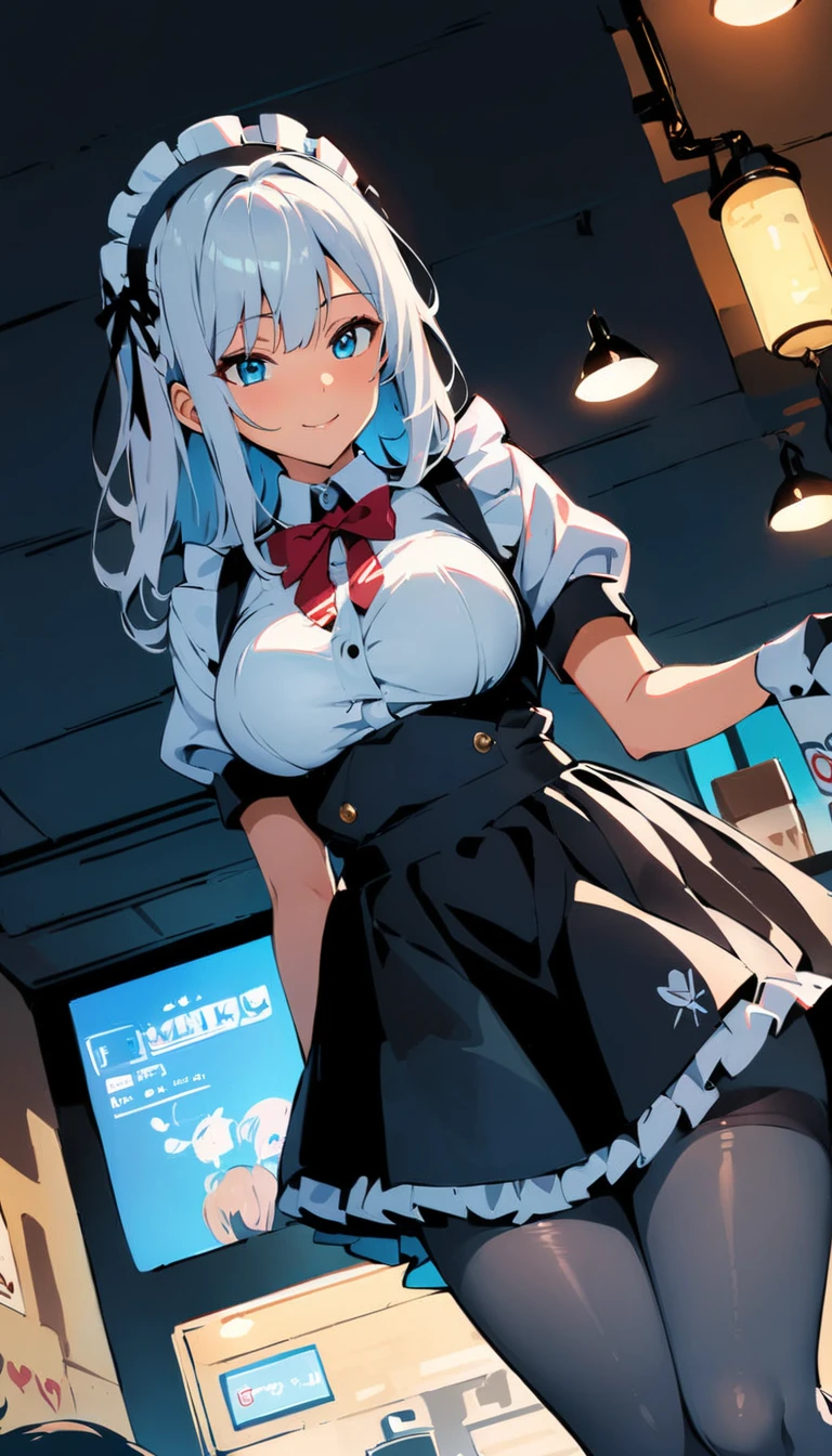 (high quality, 8k, 4K, High Contrast, masterpiece:1.2, 最high quality, Best aesthetics), , Maid, Very detailed, Seductive and erotic girl with lace headdress, smile, (Normal milk, Silver fur), Focus on the face, Focus on the face, Complex eyes, tights, laced tights, coffee shop, Ground angle shot, Viewers looking up, feet in tights, Open-chested clothing