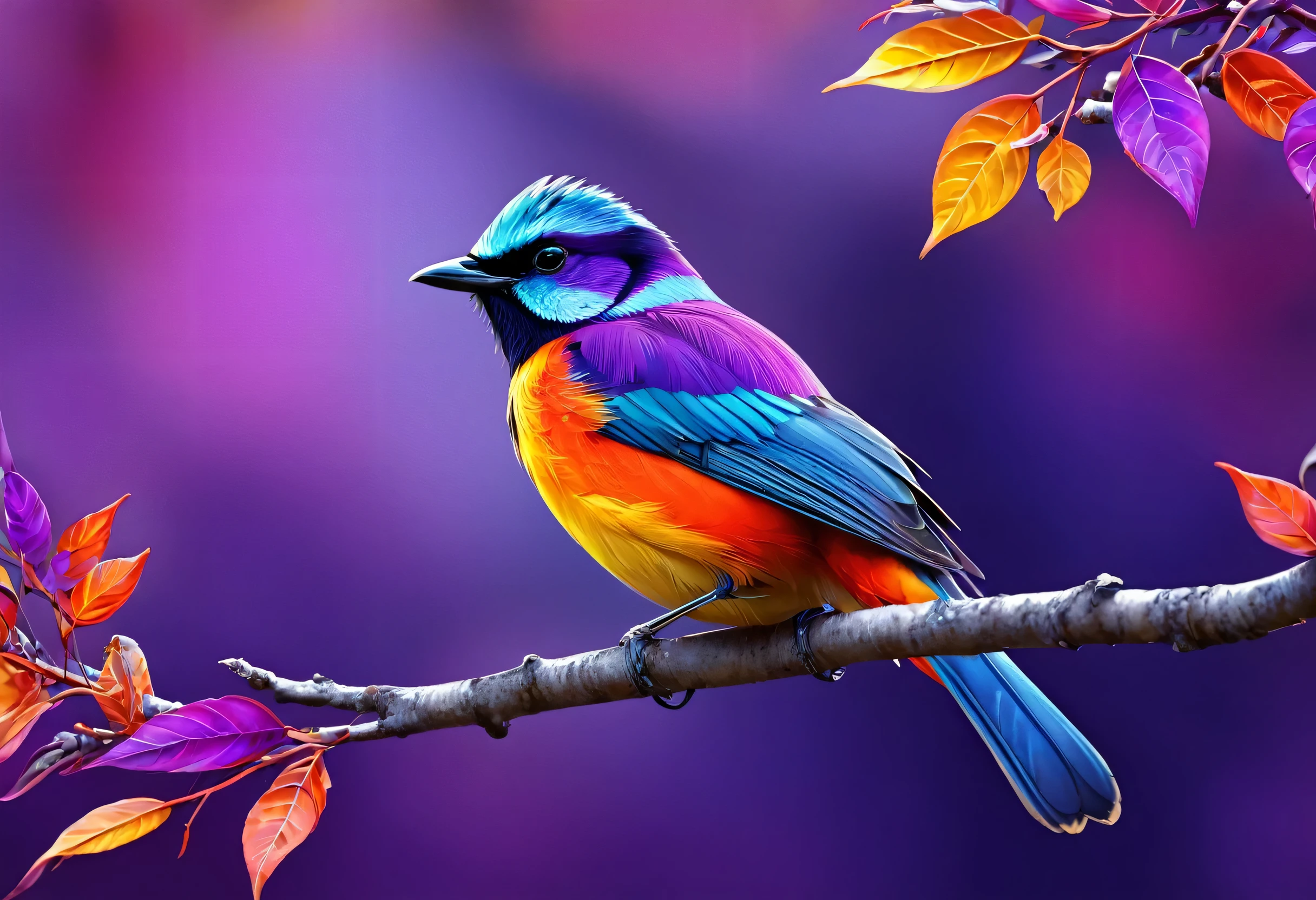 A brightly colored bird perched on a branch with purple leaves, Digital painting inspired by Charles Bird King, Trending on Pixabay, Digital Art, Colorful HD images, Colorful 8 k, Multicolored birds, Beautiful and colorful, Long colorful bird, Beautiful colorful, Colorful 4K, 4k highly detailed Digital Art, 8k high quality detailed art