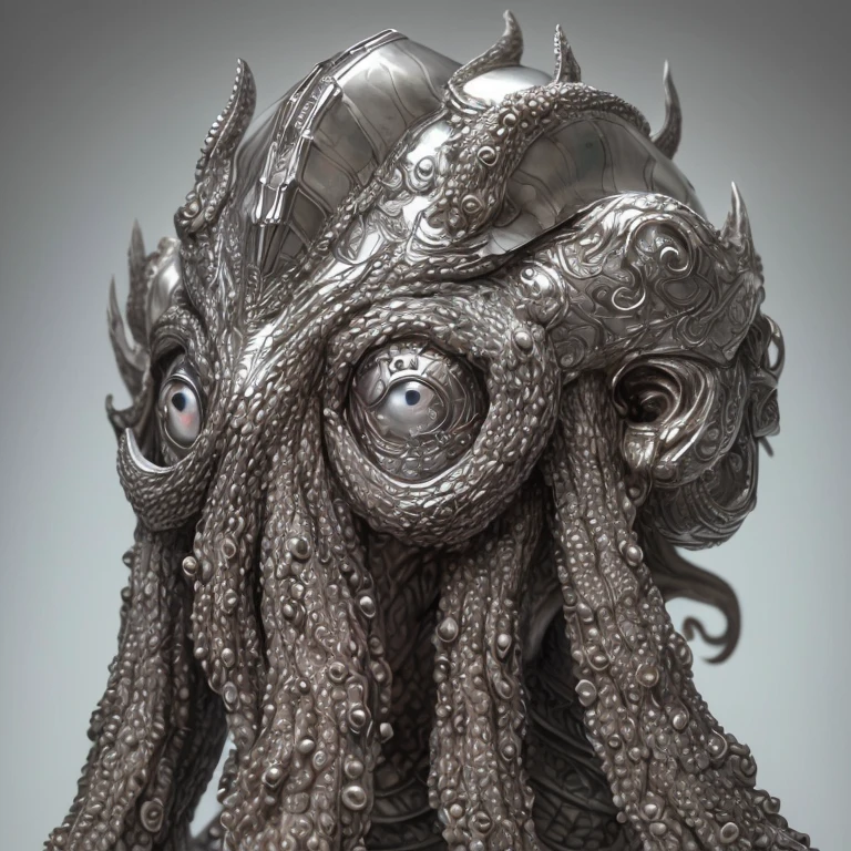 A octopus head, with a perfect sculptural realistic,with silver mediaval armor, and potrait, ultra realistic, HD,  