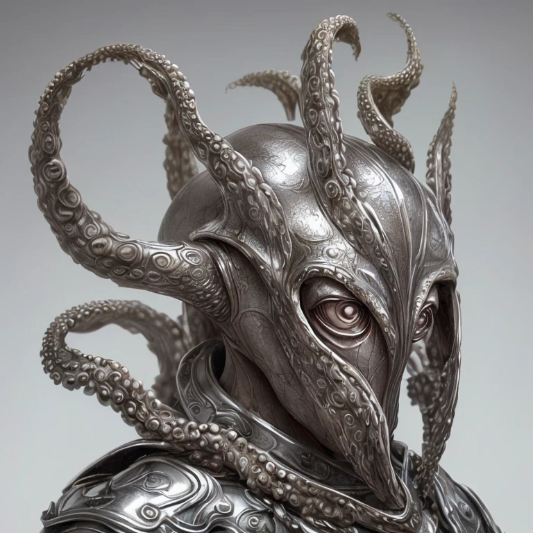 A octopus head, with a perfect sculptural realistic,with silver mediaval armor, and potrait, ultra realistic, HD,  