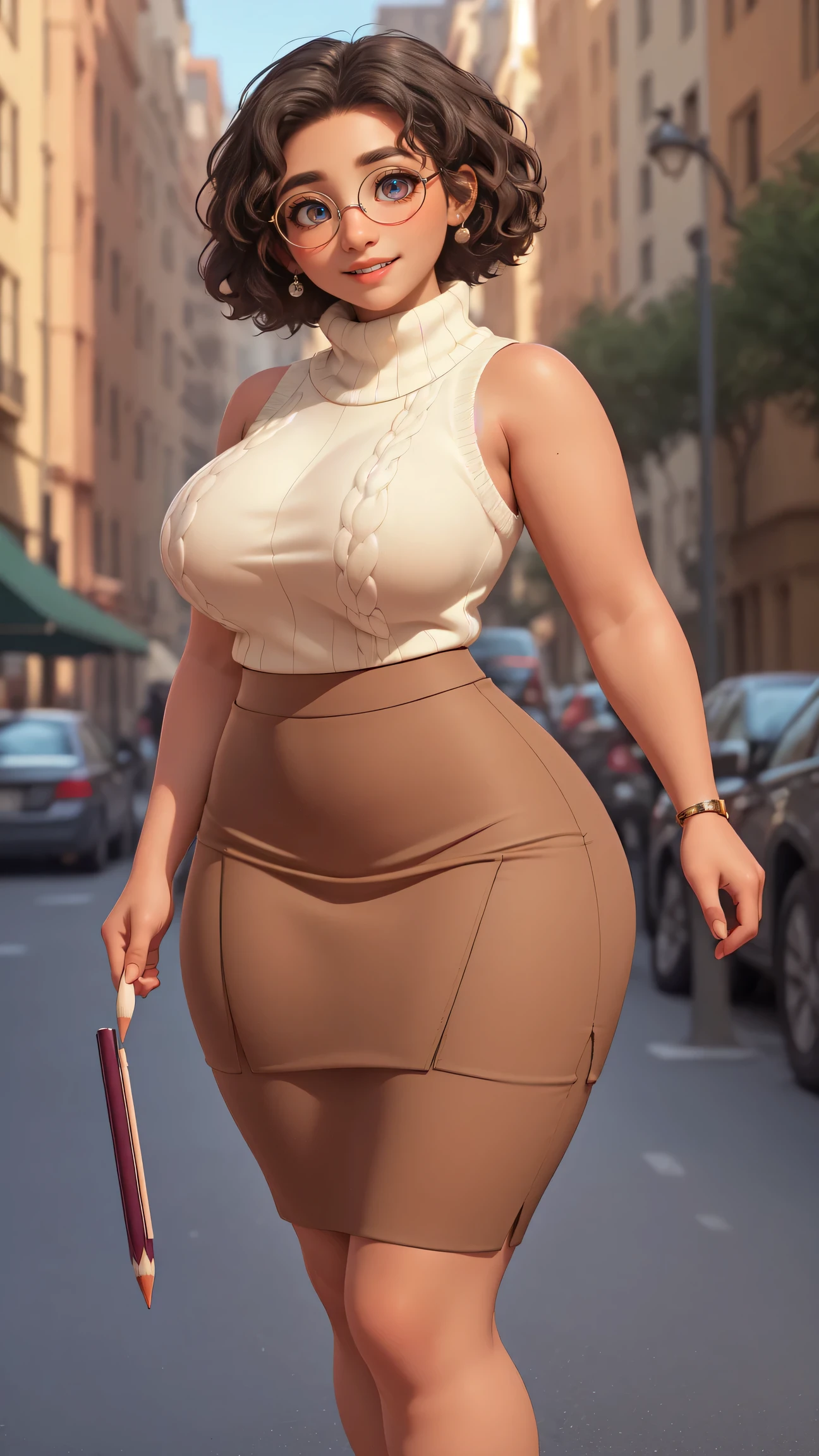 mirabel madrigal,  glasses, smile, ((sleeveless sweater)), market background, (((pencil skirt))), (((brown skin))), detailed skin, perfect legs, perfect thighs, (((curvy body))), BIG BREASTS, INVITING TO SEX, spread my legs, spread your legs