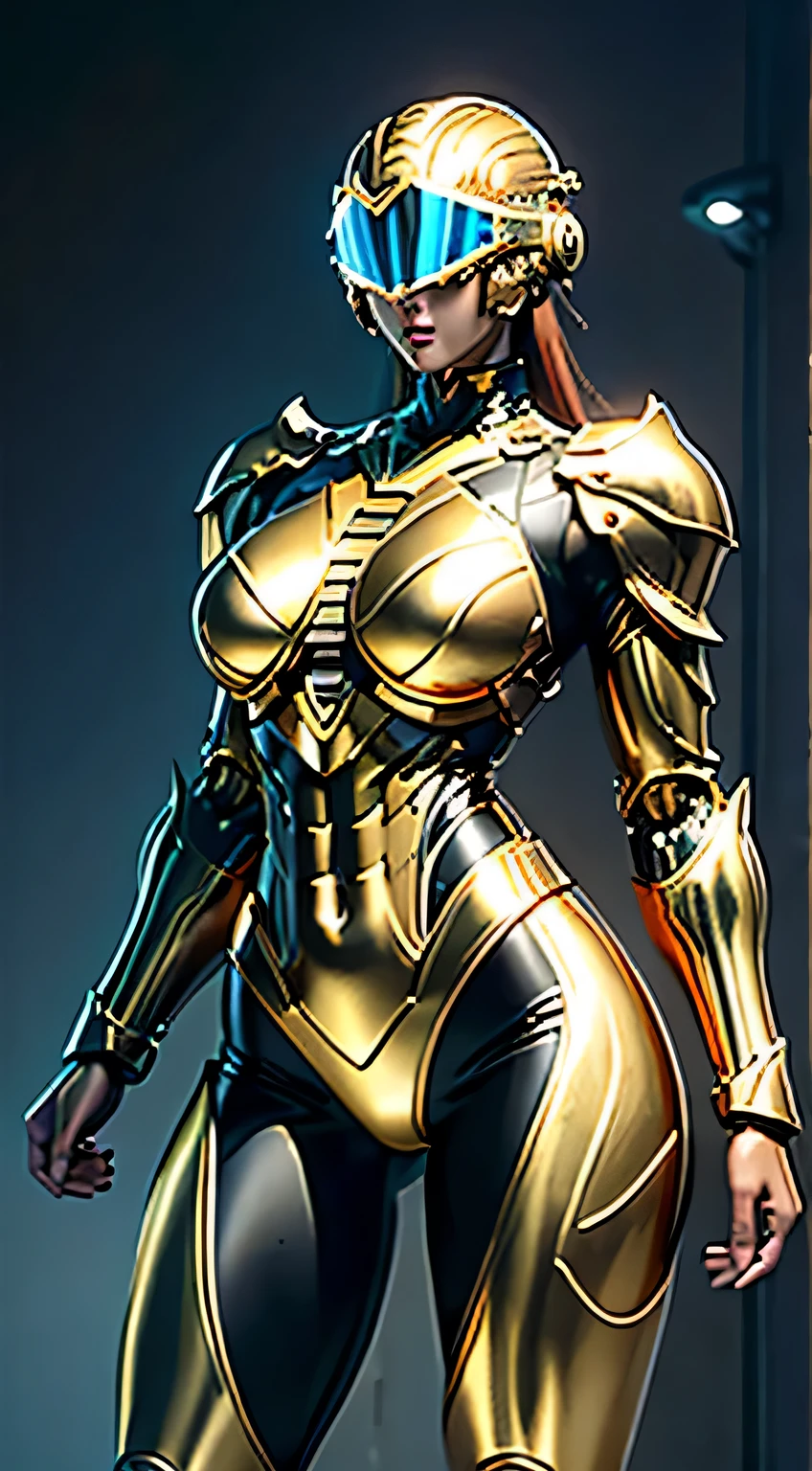 Female Robocop Solo、Bright outdoors、strong light source、8K, high quality, masterpiece, 最high quality、Very detailed、Armor that completely covers the whole body、very large armor、Helmet covering the head、Clear photos、The eyes are hidden by thin, straight goggles:1.3、The lower half of the face is flesh:1.5、Face exposed from nose down:5.0、Luscious lips、Fluorescent orange metallic armor with thin gold lines、Armor that completely covers the chest、Long, slender legs、Vibrant posel body view,Big and ample breasts:1.5, (Sports Body:1.5)、Five Fingers、Photos in the city