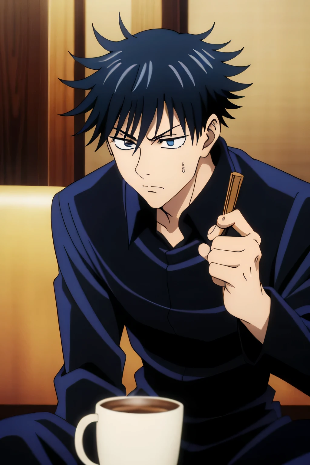 (high-quality, breathtaking),(expressive eyes, perfect face) MegumiFushiguro,1boy, male, solo, black hair, dark blue eye color, medium hair length,slightly tanned skin, dark black blue long sleeved shirt, collared shirt, dark black blue pants, jujutsu kaisen uniform, jujutsu high , spikyy hair, masculine face, Sitting in a coffee shop, sharp eyes, annoyed, annoyed face