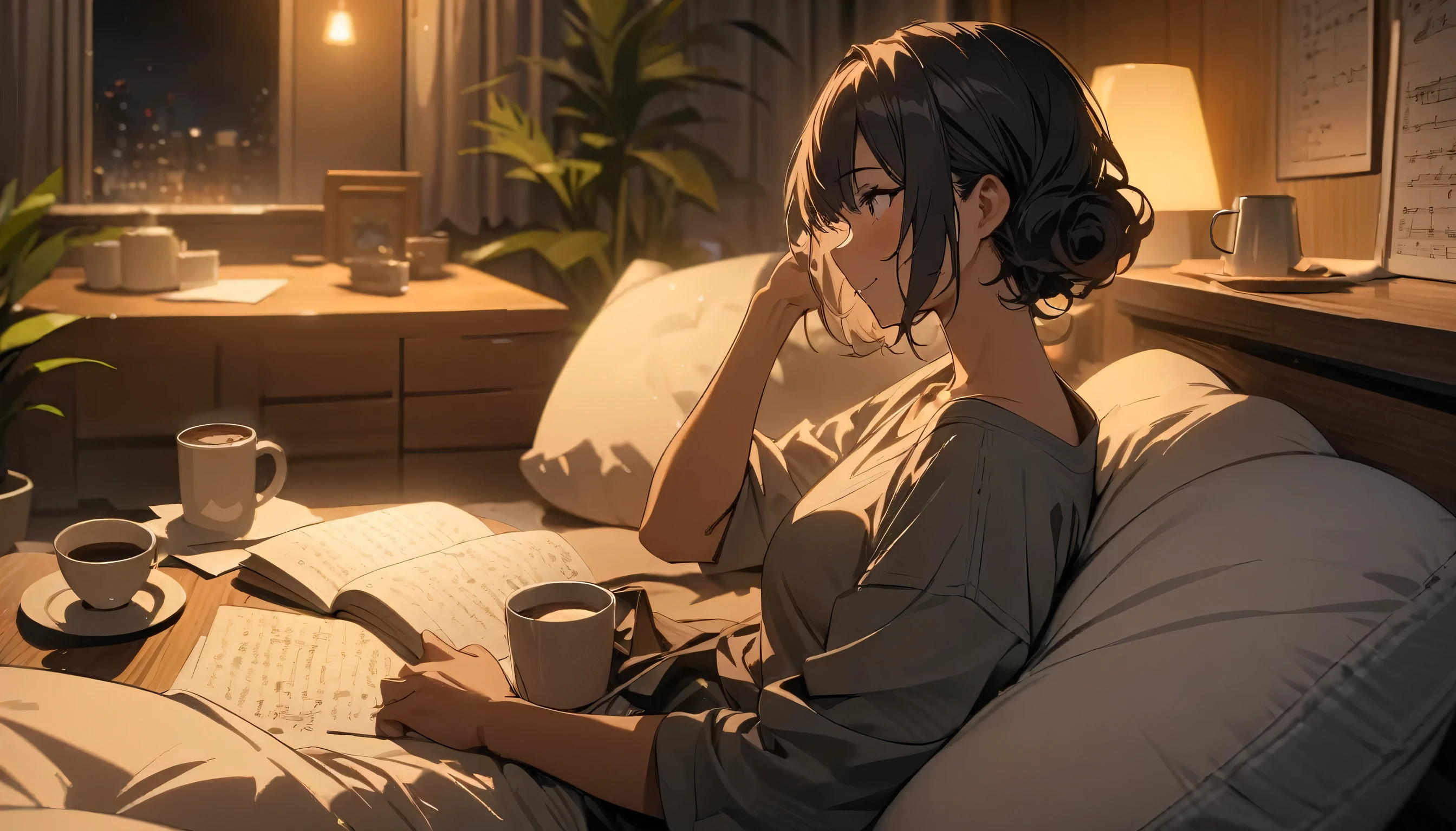 praise, Dark skinned boy, Black curly hair, comfortable, Note, coffee, night, relax, room, High resolution, High resolution, masterpiece, 4K