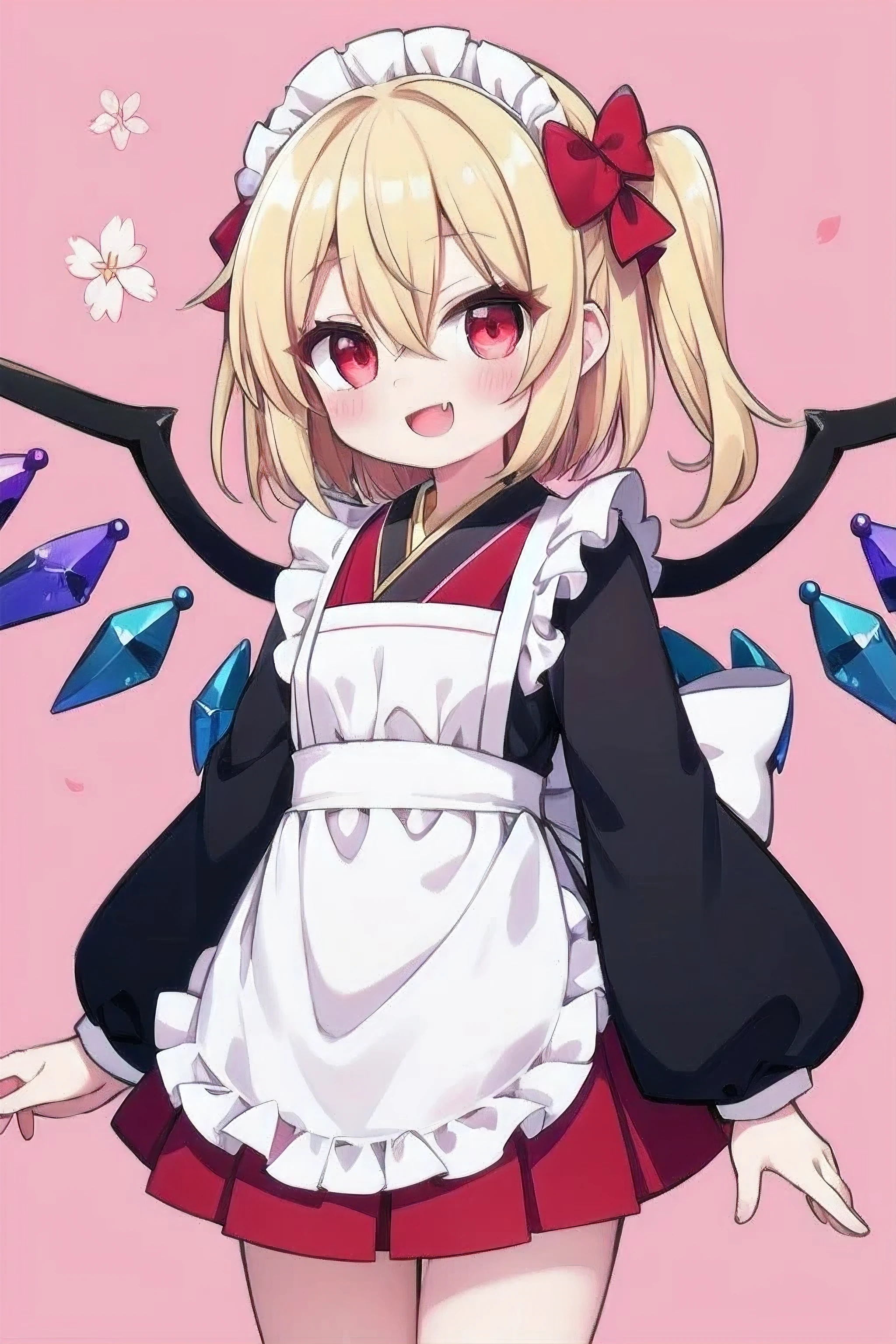 masterpiece, top quality, super detailed, CG illustration, high resolution, better lighting, best shadows, very delicate and beautiful, proper shading, hd, 8k,flandre scarlet, 1girl, solo, looking at viewer, blush, smile, short hair, open mouth, bangs, skirt, blonde hair, hair ornament, red eyes, long sleeves, bow, hair between eyes, standing, flower, :d, hair bow, cowboy shot, pleated skirt, frills, japanese clothes, wings, alternate costume, fang, hair flower, wide sleeves, kimono, apron, red bow, maid headdress, red skirt, one side up, floral print, pink background, cherry blossoms, white apron, maid,crystal, enmaided, pink kimono, checkered background, wa maid