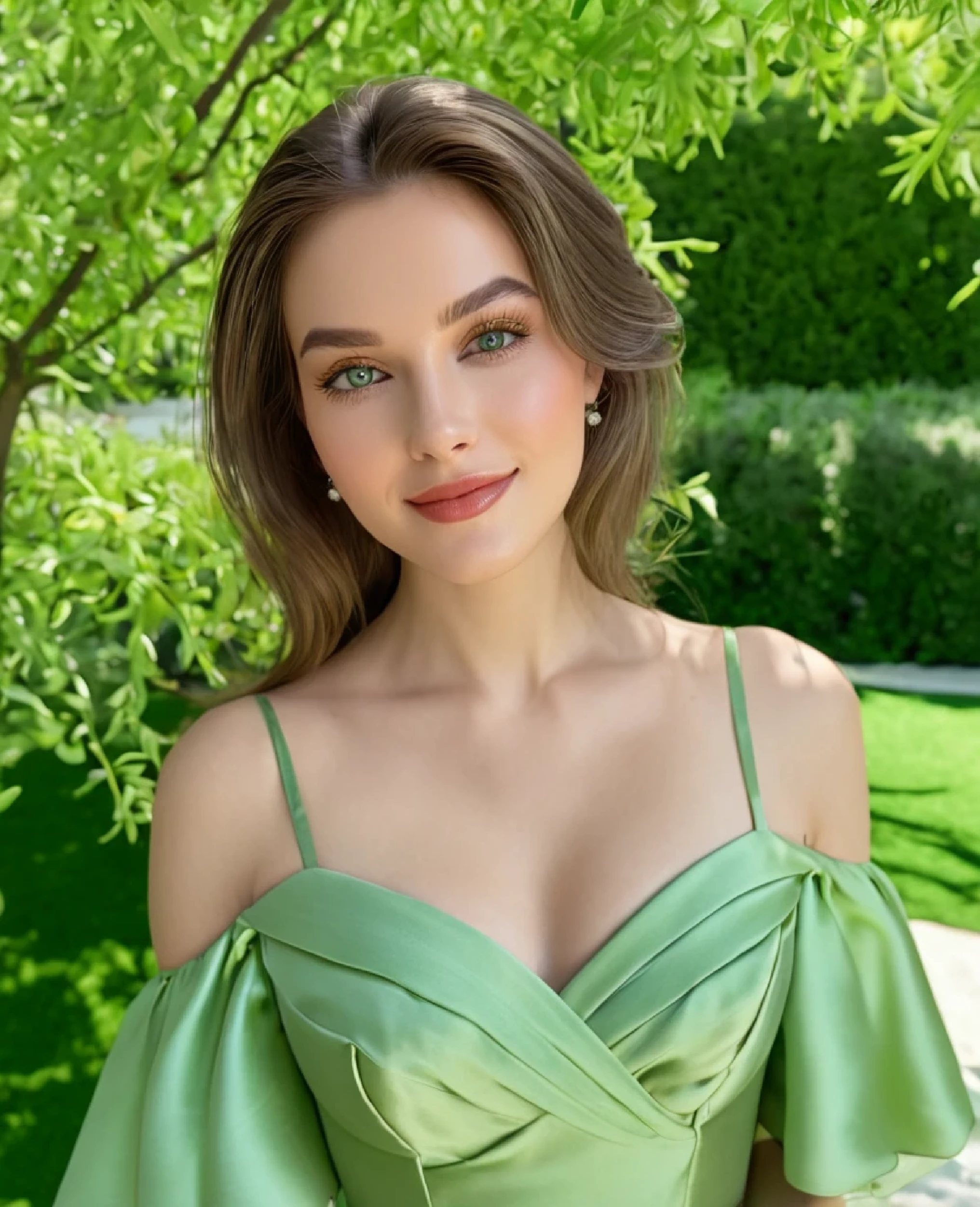 (best quality,4k,8k,highres,masterpiece:1.2),ultra-detailed,(realistic,photorealistic,photo-realistic:1.37),portrait,beautiful detailed eyes,beautiful detailed lips,(long eyelashes:1.1),green satin top, flowing fabric,(soft and silky:1.2),natural sunlight,romantic garden setting,dreamy atmosphere,sunlit flowers and trees,peaceful vibes,elegant pose,feminine beauty,vivid colors,masterful brushstrokes,hint of summer breeze,subtle shading,classic portrait style,subdued background,subtle floral patterns in the background,gentle lighting,delicate facial features,sophisticated expression,fine details in the hair,carefully rendered skin texture,pleasing composition,pop of green color,soft focus,subtle smile,serene gaze,mysterious atmosphere