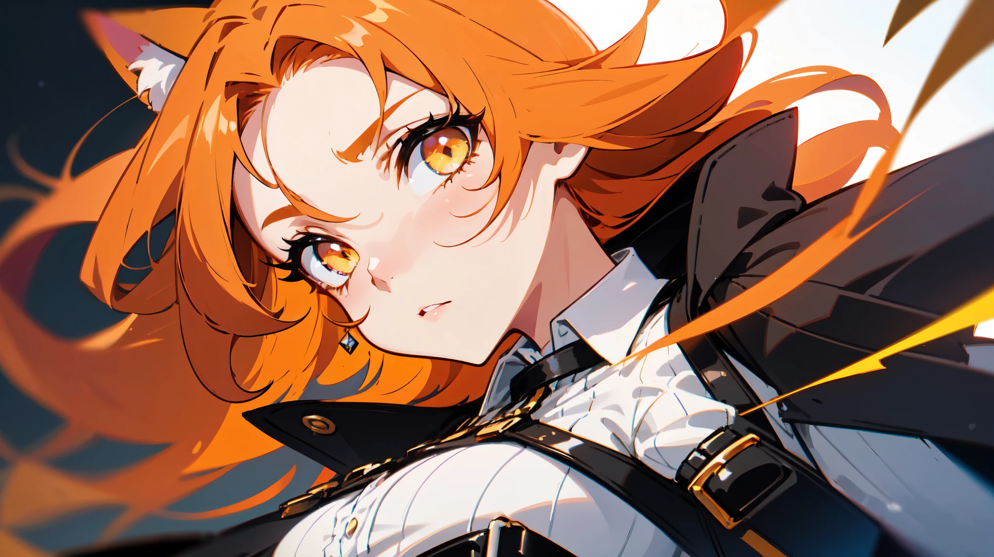 1girl, woman, solo, long hair, big hair, orange hair, cat ears, (forehead:1.2), yellow eyes, medium breasts, orange hair, (overcoat, black coat, open coat:1.2), white shirt, collared shirt, (chest harness, shoulder strap:1.15), black leather shorts, garter belt, gloves, ((from below)), elegant, looking at viewer, standing, chromatic aberration, (close-up to face:1.2), face only masterpiece, best quality, 4k