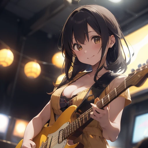 One Girl, length, Electric guitar, Solo Focus, (Depth of written boundary, Ambient Lighting, Blurred foreground, Blurred Background:1.3), atmosphere, Flares of light, Intricate details, Enhanced lighting、smile、On stage with the audience、Portrait、Yellow Jacket、Black shorts、Camel Toe、Giant tit、Nipple Puffs、Cleavage、Plump、Super big breasts、Super big butt、Cowboy Shot