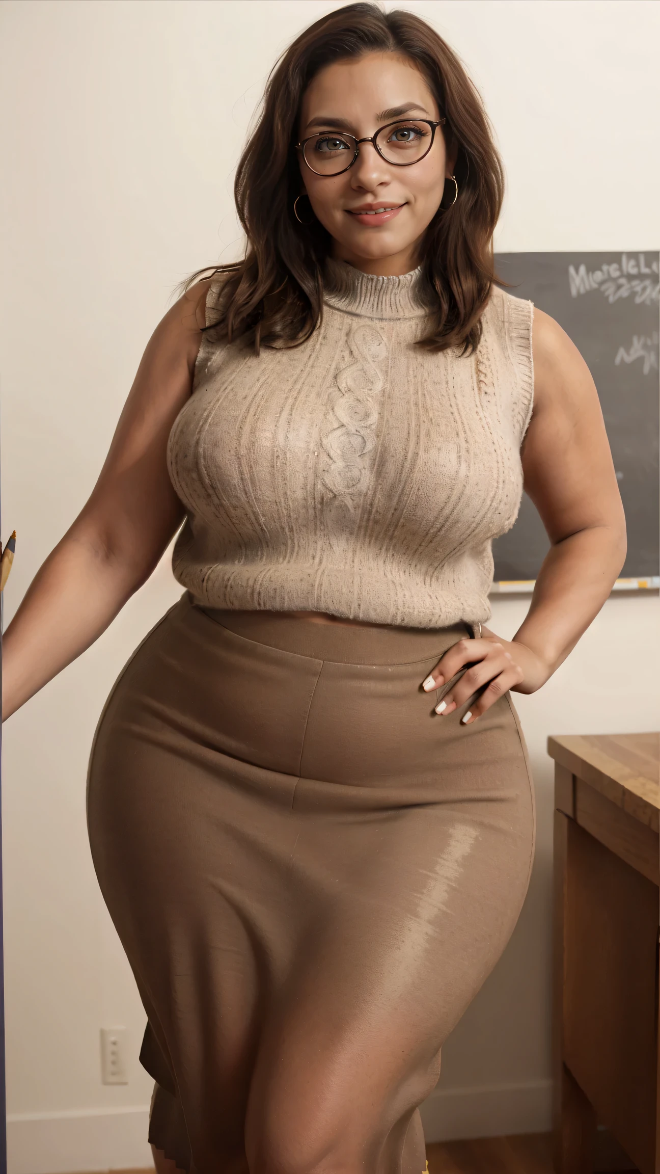 mirabel madrigal,  glasses, smile, ((sleeveless sweater)), market background, (((pencil skirt))), (((brown skin))), detailed skin, perfect legs, perfect thighs, (((curvy body))), BIG BREASTS, INVITING TO SEX