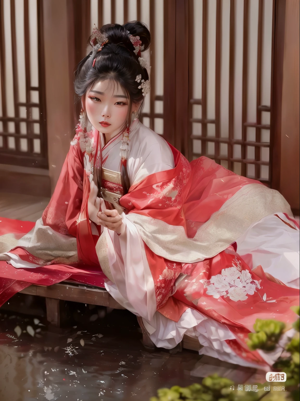 araffe woman in a red and white dress sitting on a wooden platform, palace , a girl in hanfu, hanfu, wearing ancient chinese clothes, with acient chinese clothes, white hanfu, chinese style, traditional chinese clothing, traditional chinese, ancient chinese princess, traditional beauty, chinese costume, chinese princess, ancient asian dynasty princess, with ancient chinese aesthetic