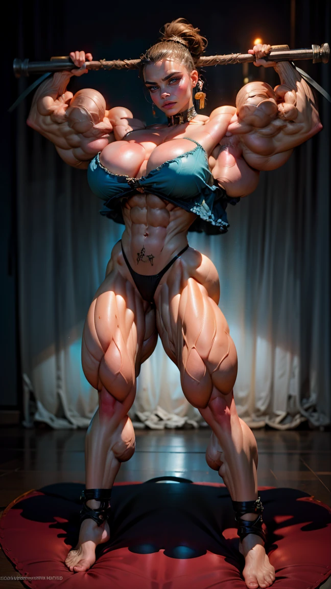 (1 girl), (cara delevingne:1.25), ((wide shoulders:1.5)), (woman wearing a dominatrix outfit with huge tits:1.5), earrings, eyeshadow, lipstick, (full body pose:1.5), (ten pack abs:1.5), (full body view:1.5), ((large muscular veiny breasts:1.5)), choker, (sculpted muscles:1.9), detailed eyes, (muscular body:1.9), (looking at viewer), (smile:1.5), round ass, dark bedroom, night time, rim lighting, two tone lighting, dimly lit, clean skin, low key (DETAILED SKIN), licking lips, (naughty girl face:1.25), naughty, bokeh, bokeh in the art style of peter mohrbacher